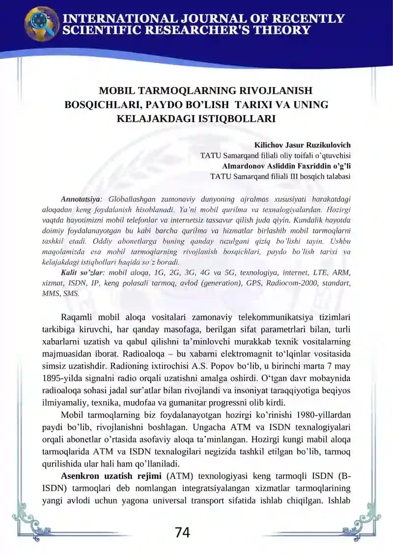 MOBIL TARMOQLARNING RIVOJLANISH BOSQICHLARI, PAYDO BO’LISH TARIXI VA UNING KELAJAKDAGI ISTIQBOLLARI
