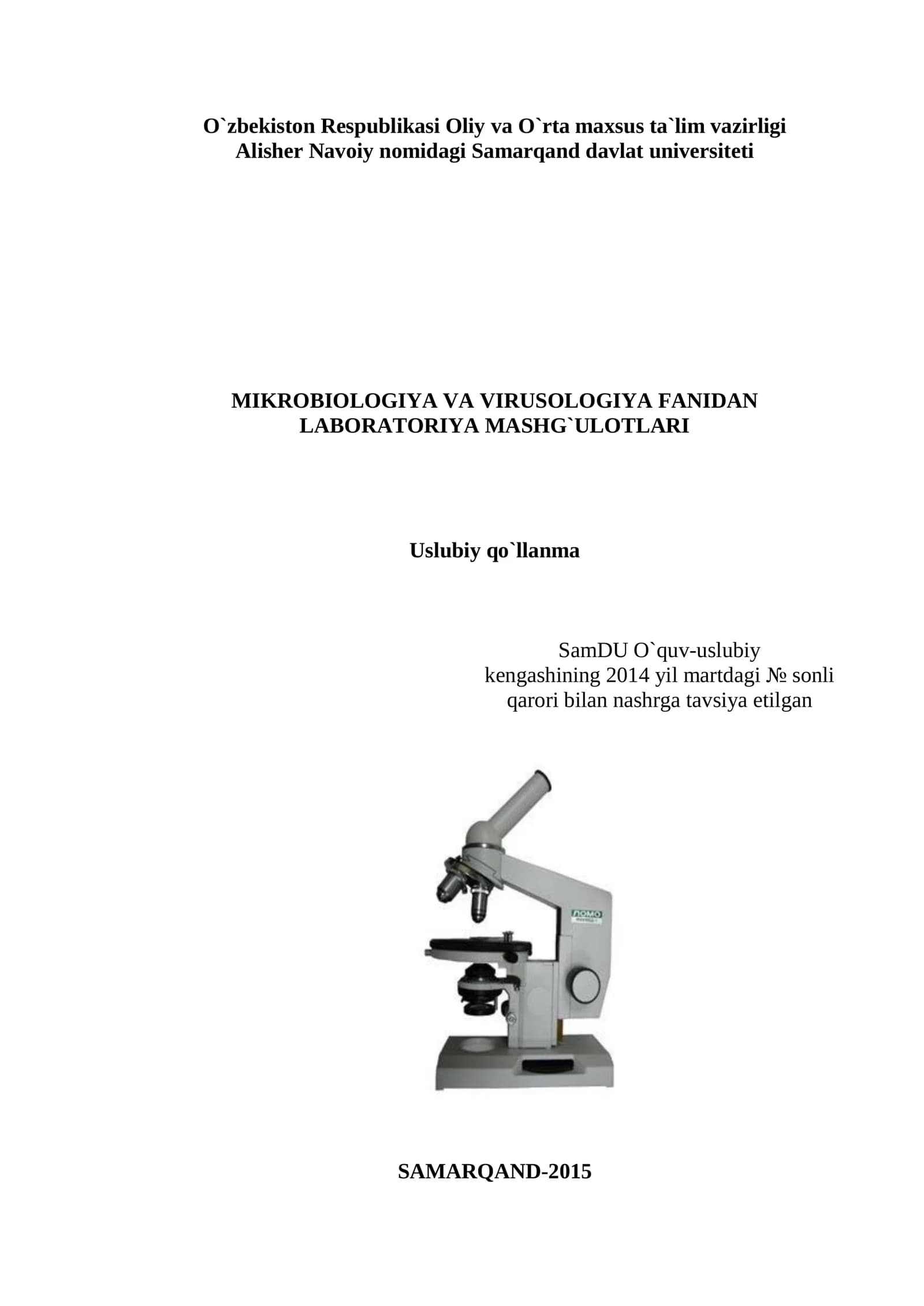 Mikrobiologiya va virusologiya fanidan laboratoriya mashg'ulotlari