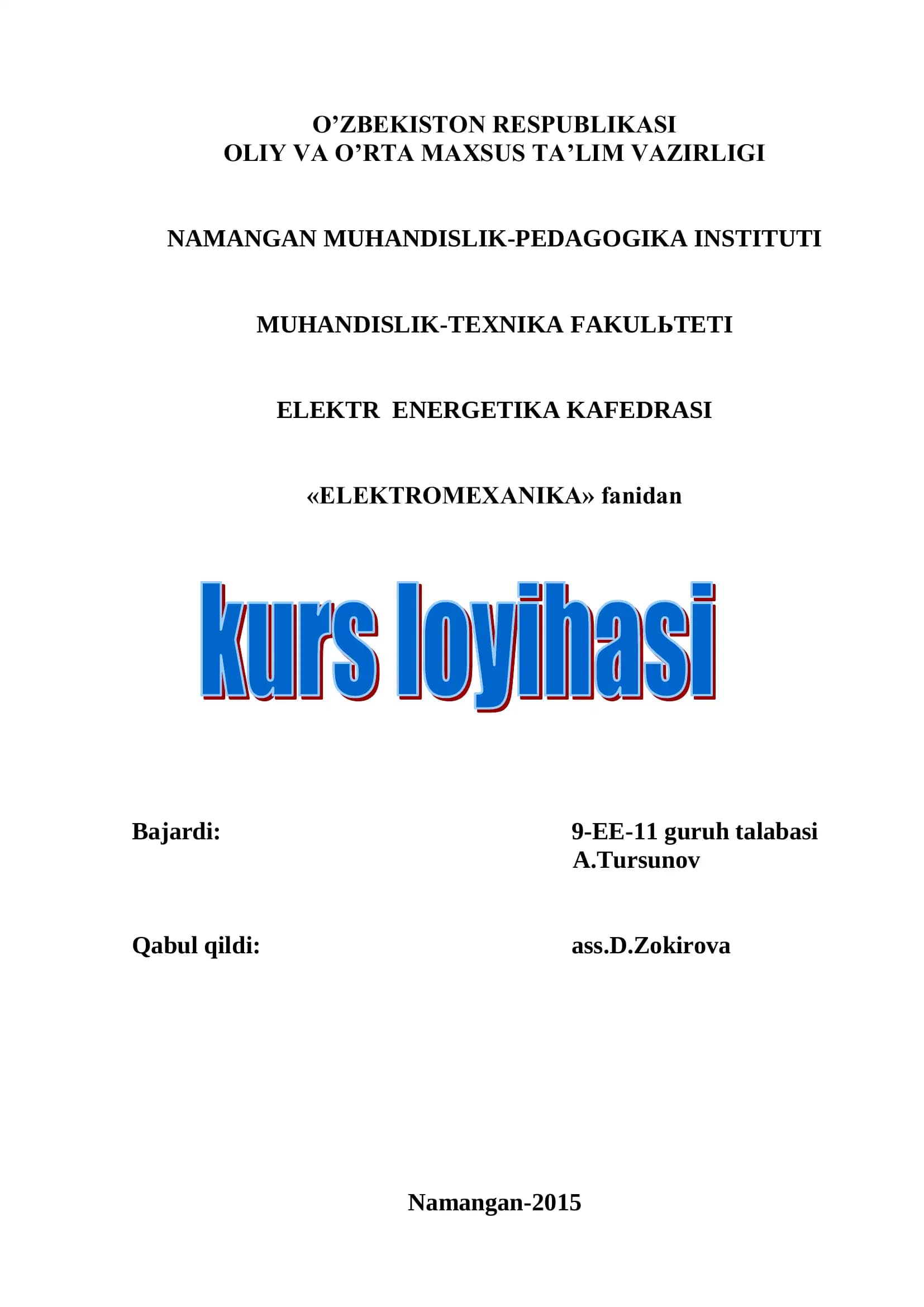Sanoat korxonalarining transformatorlarini loyihasini ishlab chiqish