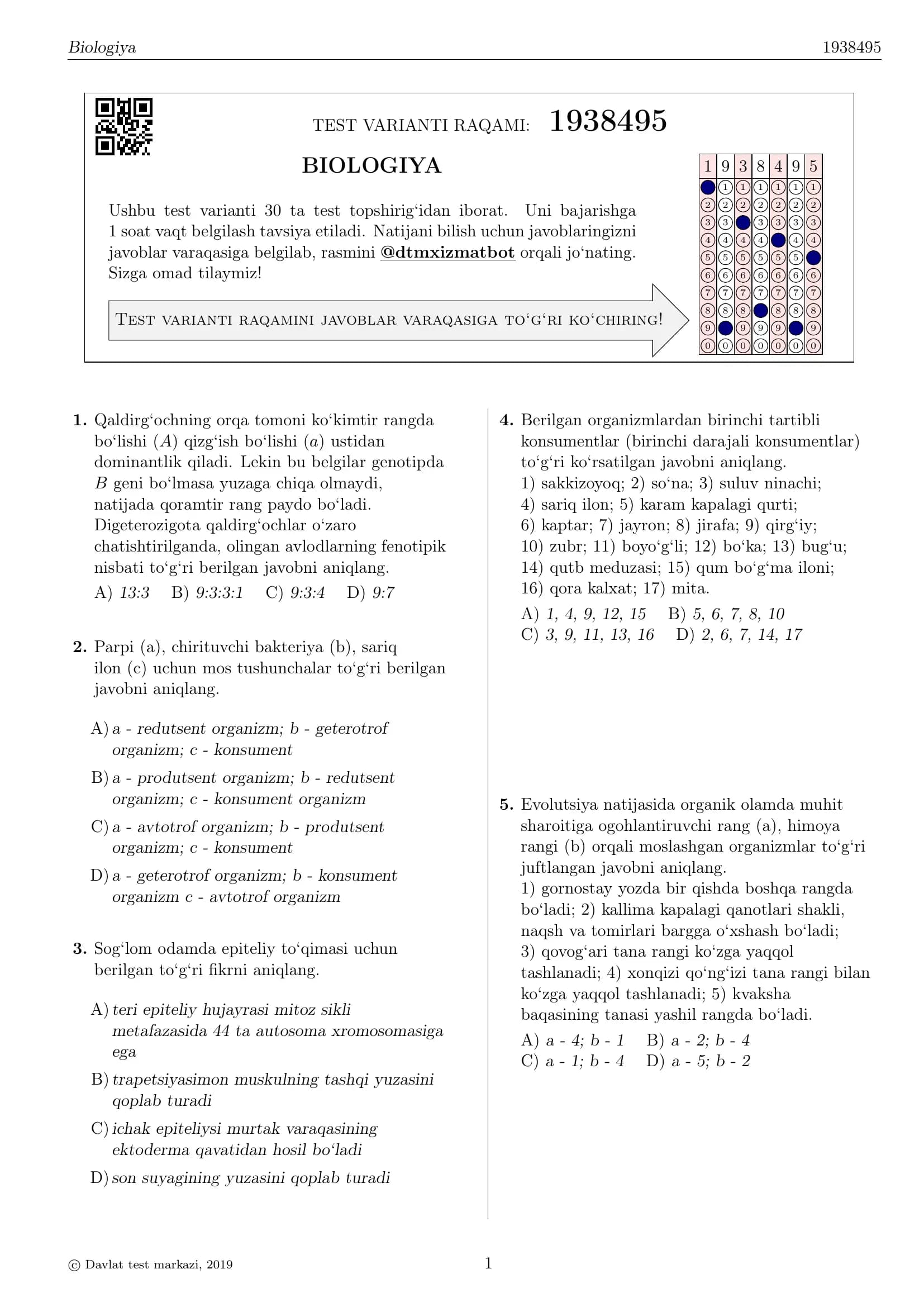 BIOLOGIYA TEST VARIANTI RAQAMI: 1938495