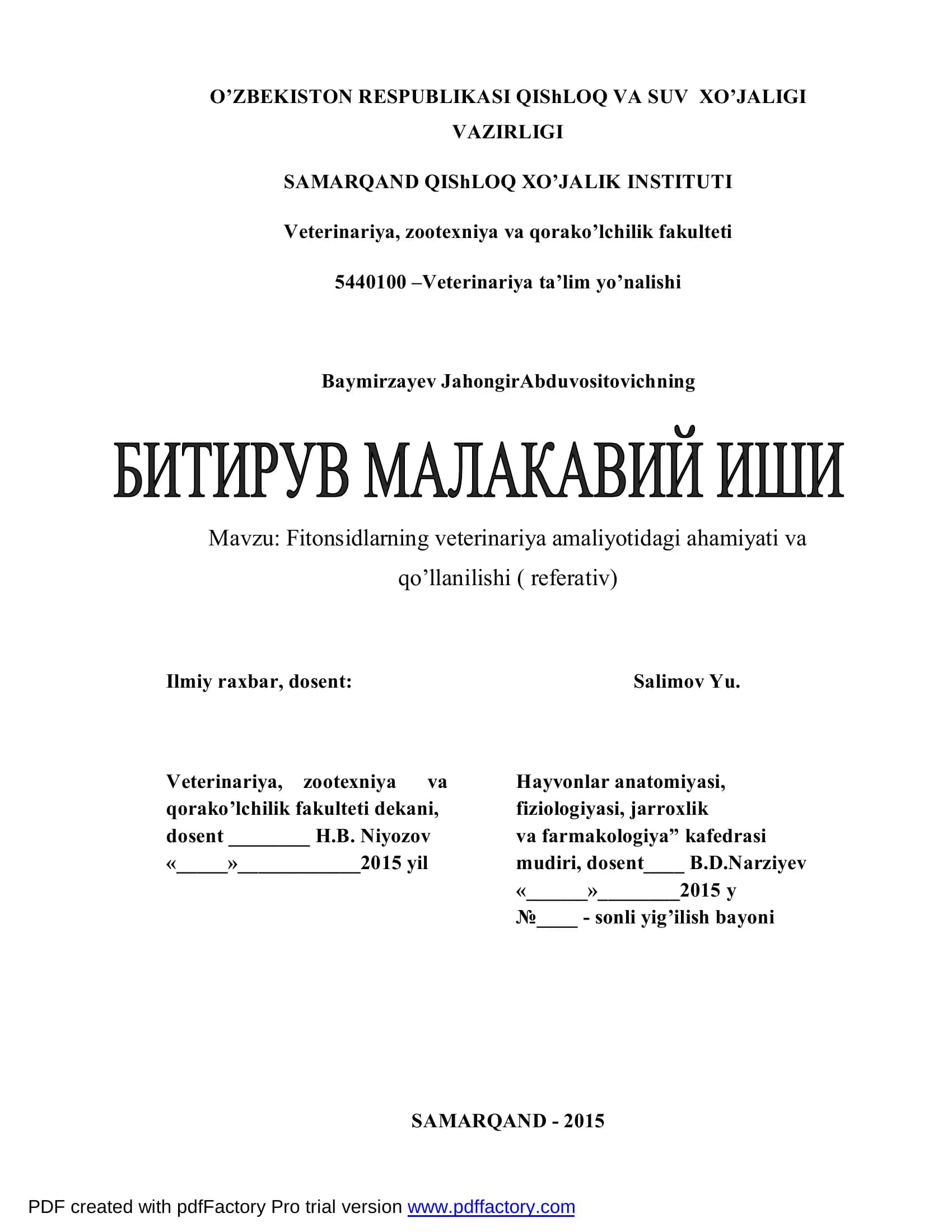 Fitonsidlarning veterinariya amaliyotidagi ahamiyati va qo’llanilishi