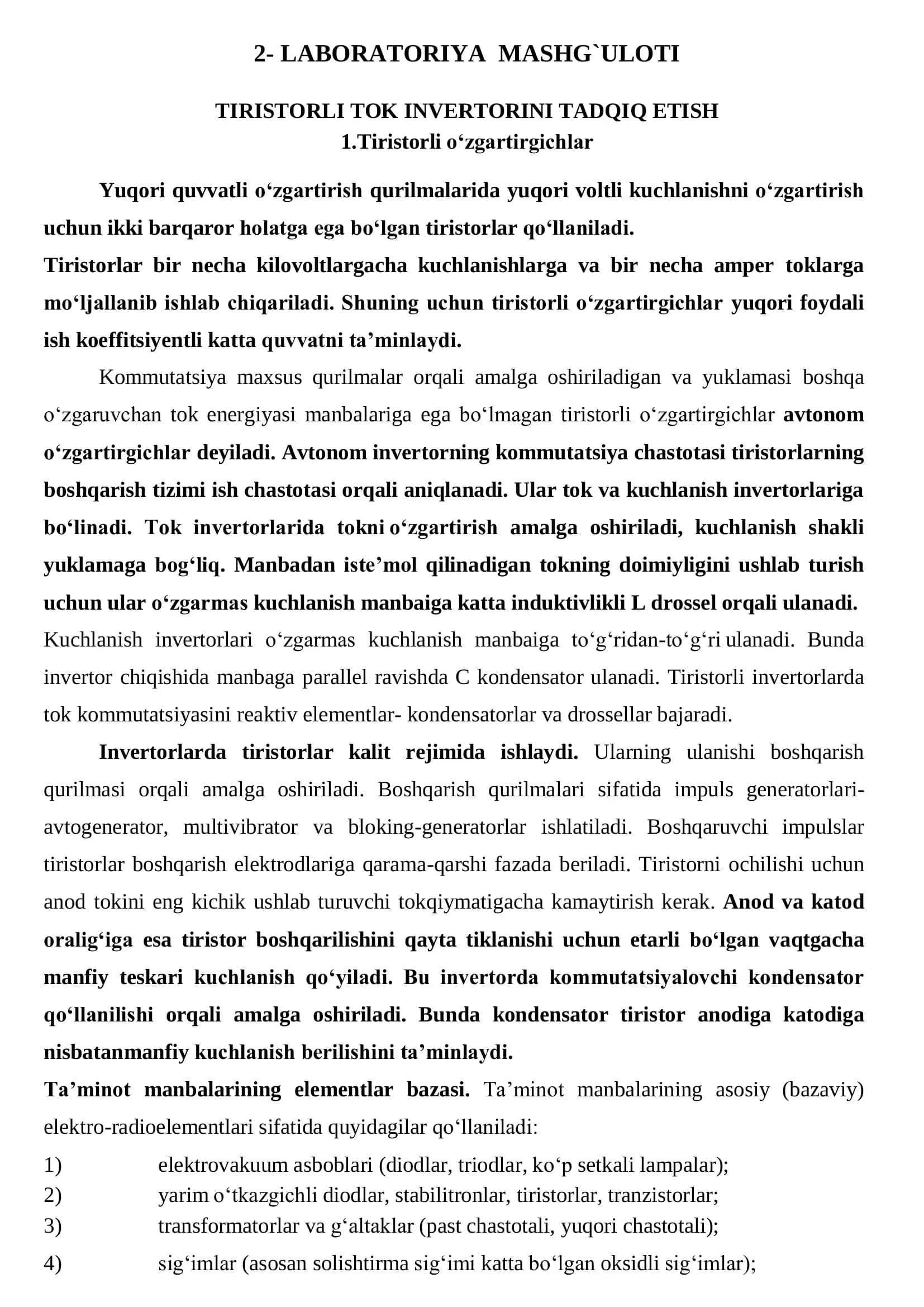 TIRISTORLI TOK INVERTORINI TADQIQ ETISH