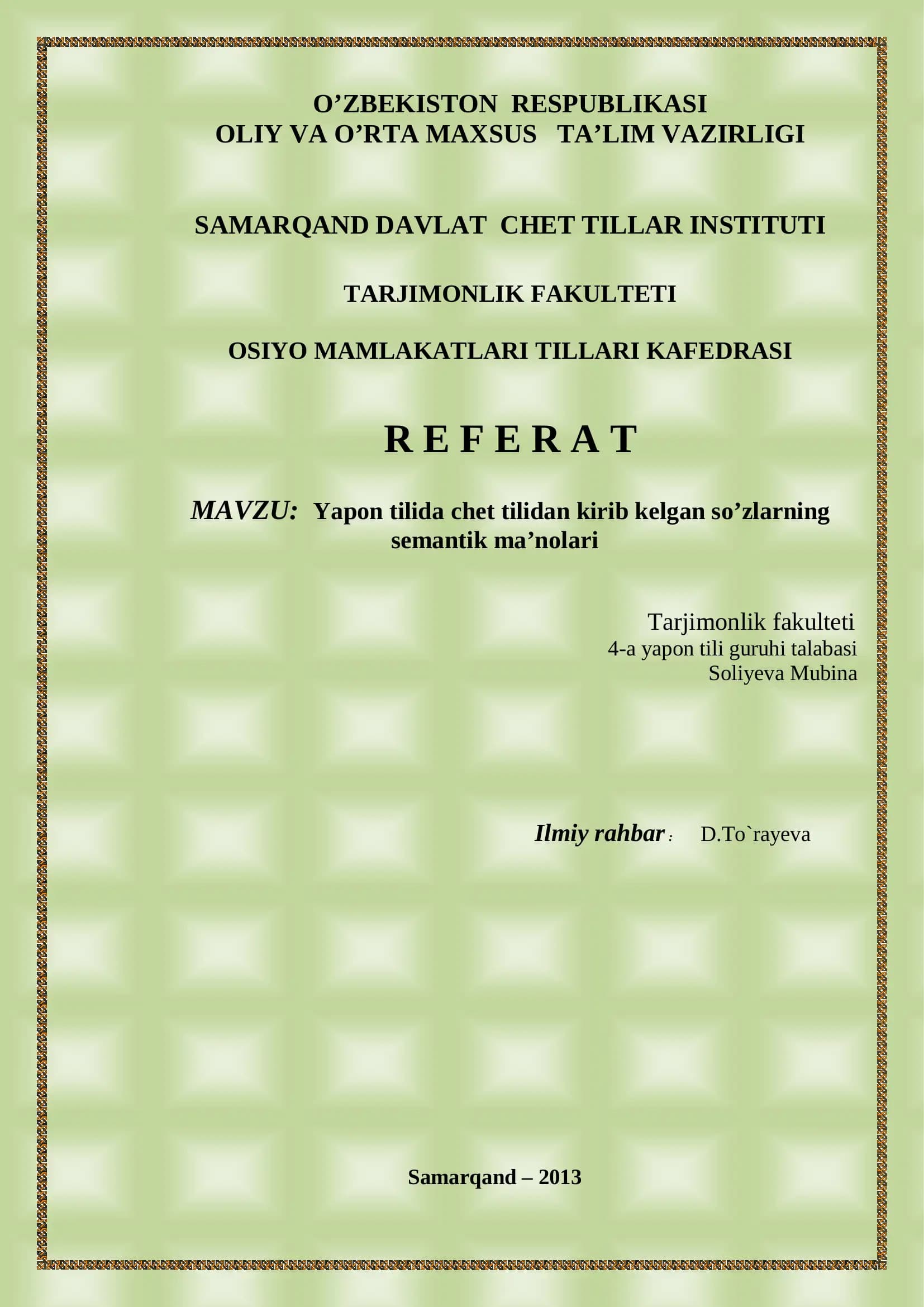 Yapon tilida chet tilidan kirib kelgan so’zlarning semantik ma’nolari
