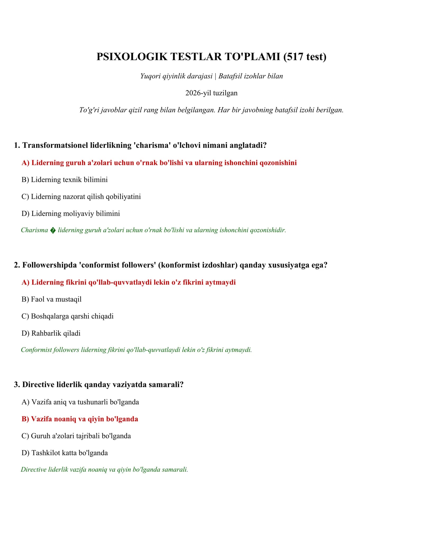 PSIXOLOGIK TESTLAR TO'PLAMI (517 test)