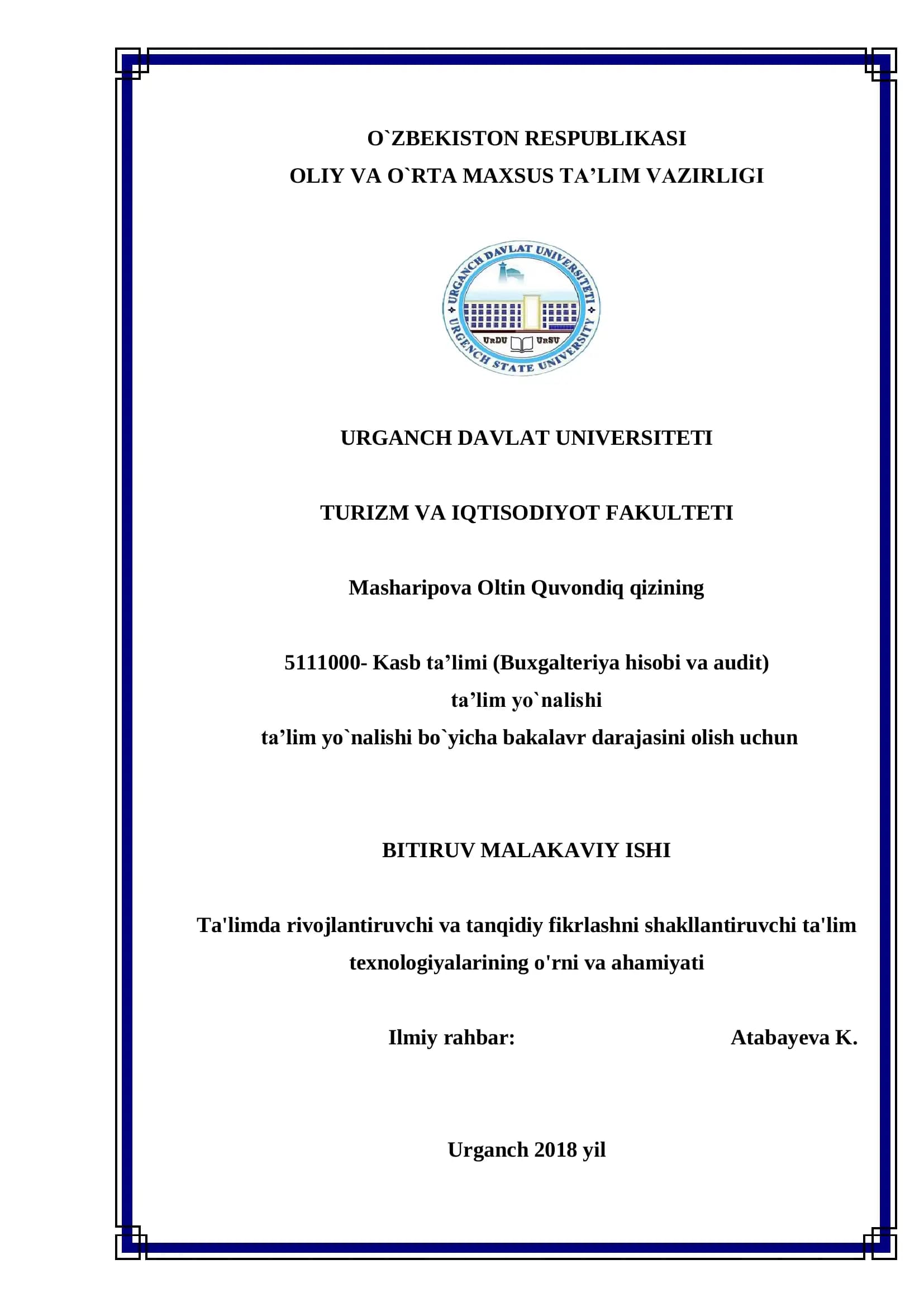 Ta'limda rivojlantiruvchi va tanqidiy fikrlashni shakllantiruvchi ta'lim texnologiyalarining o'rni v