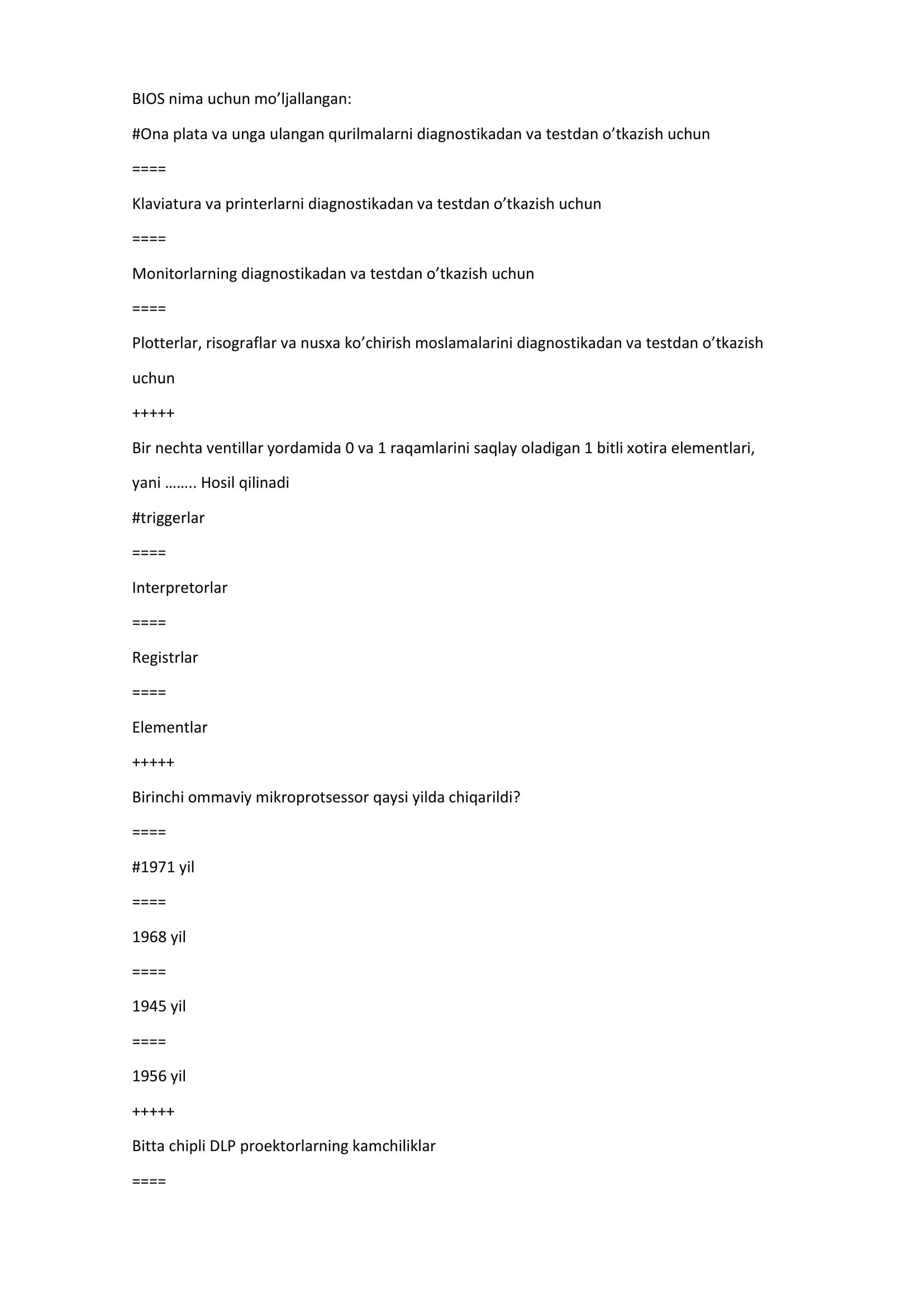 Kompyuterni tashkil etilishi test savollari javoblari