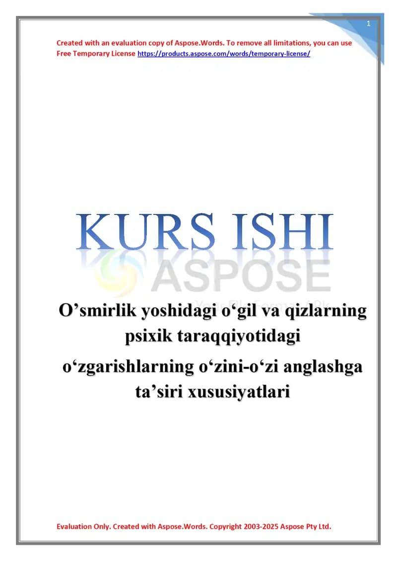 O'smirlik yoshidagi o‘gil va qizlarning psixik taraqqiyotidagi o‘zgarishlarning o‘zini-o‘zi anglashga ta’siri xususiyatlari