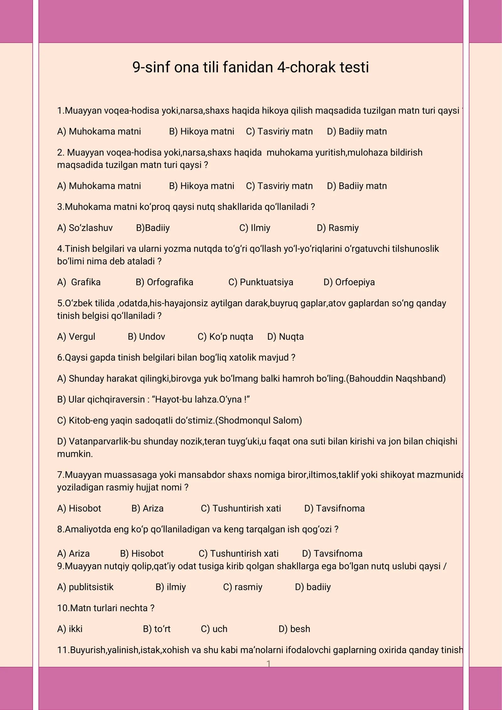 9-sinf ona tili fanidan 4-chorak testi