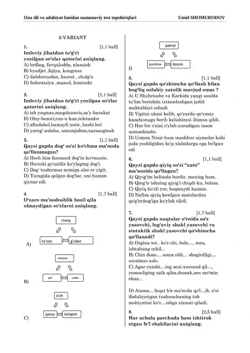 Milliy serfikat uchun ona tili va adabiyot test