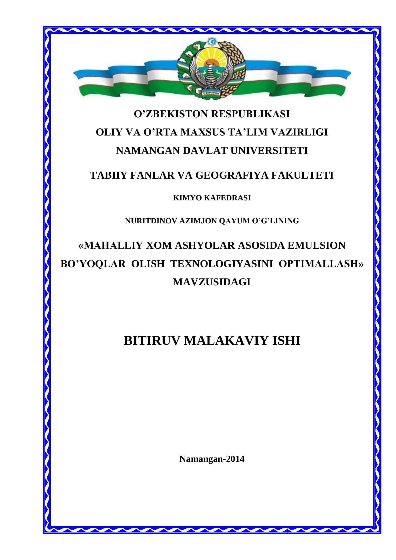 MAHALLIY XOM ASHYOLAR ASOSIDA EMULSION BO’YOQLAR OLISH TEXNOLOGIYASINI OPTIMALLASH