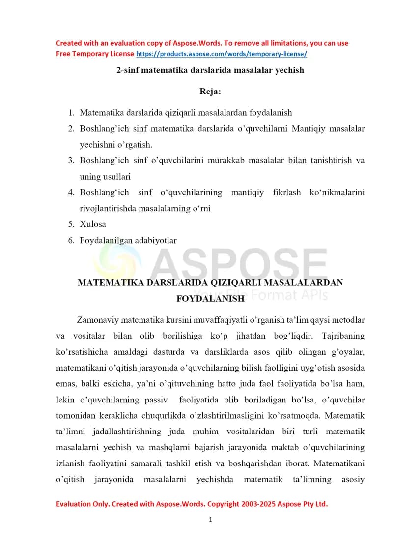 Matematika darslarida qiziqarli masalalardan foydalanish