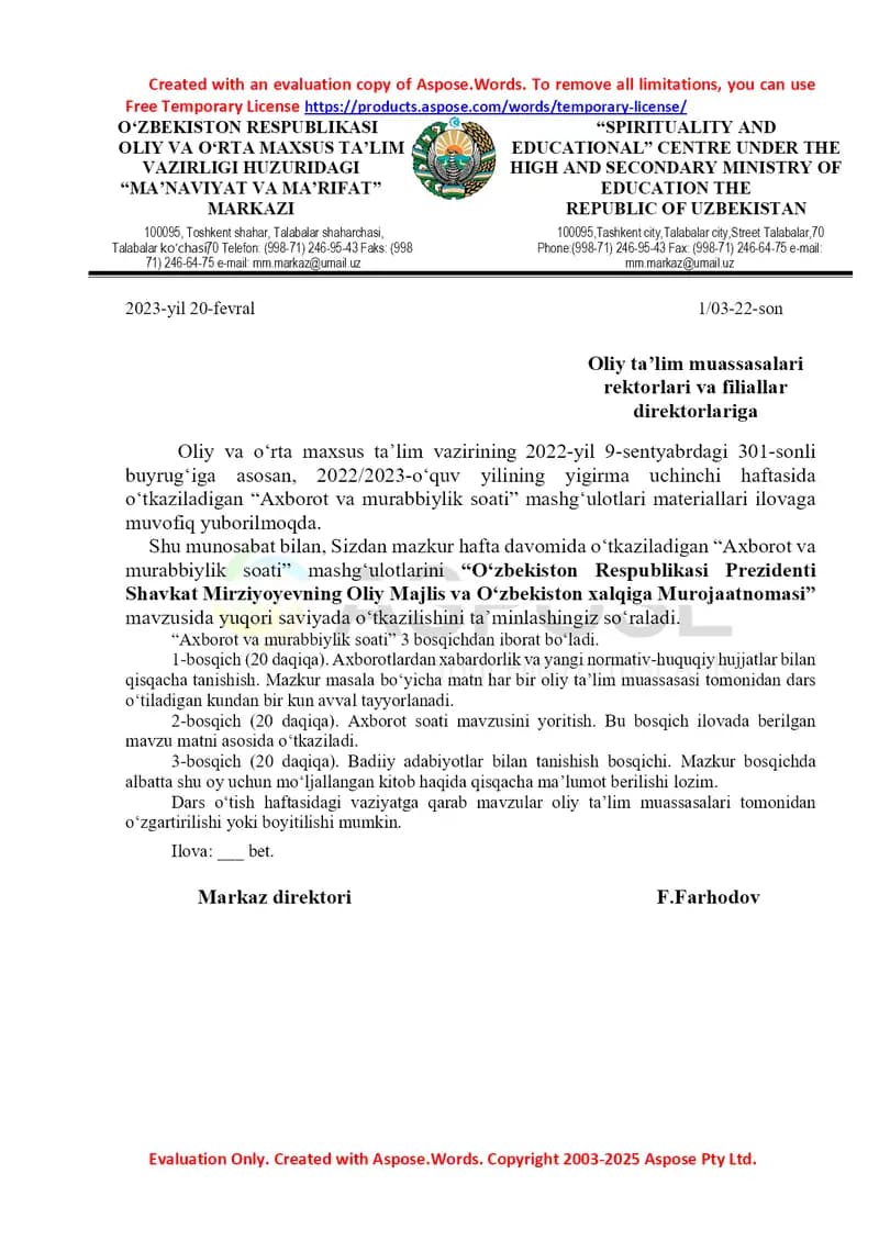 “Axborot va murabbiylik soati” mashgʻulotlari uchun taqdimot materiali