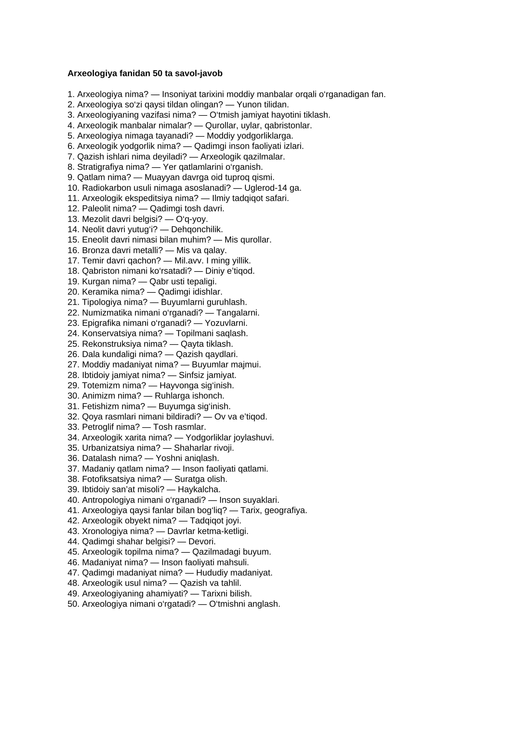 Arxeologiya fanidan 50 ta savol-javob