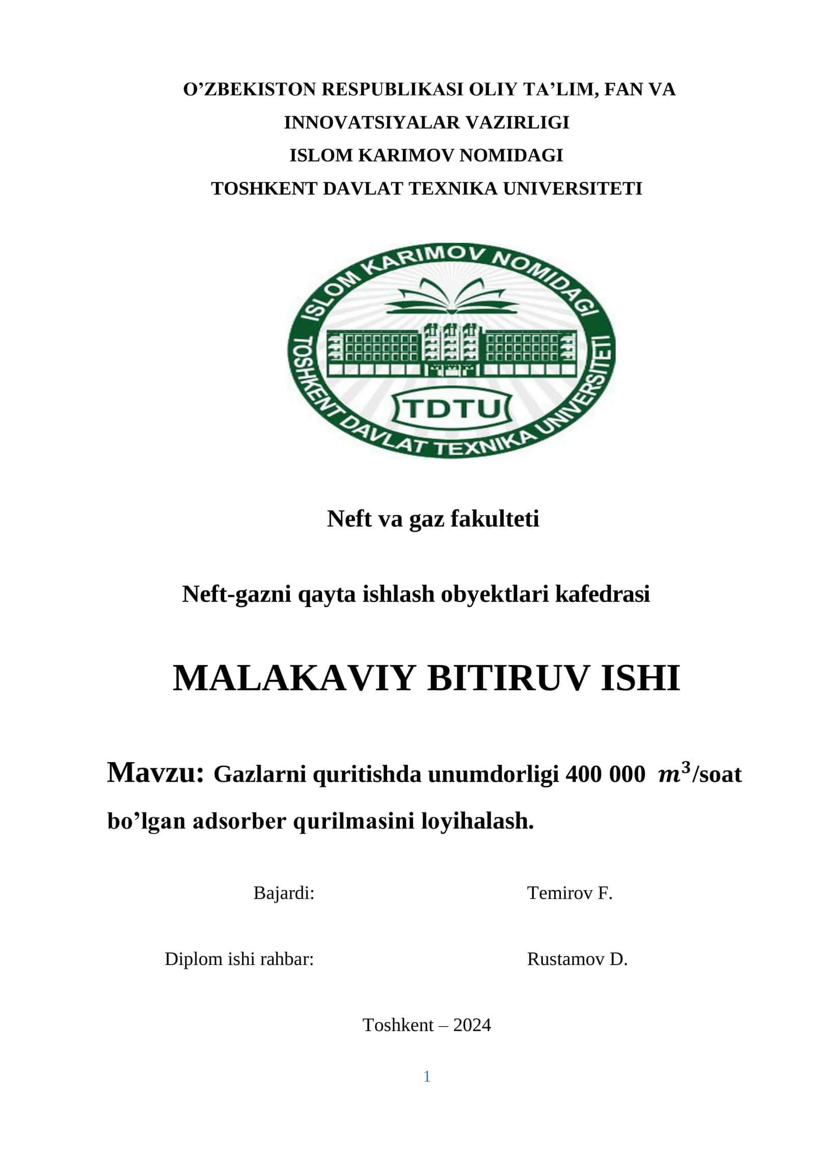 Gazlarni quritishda unumdorligi 400 000 𝒎𝟑soat bo’lgan adsorber qurilmasini loyihalash.