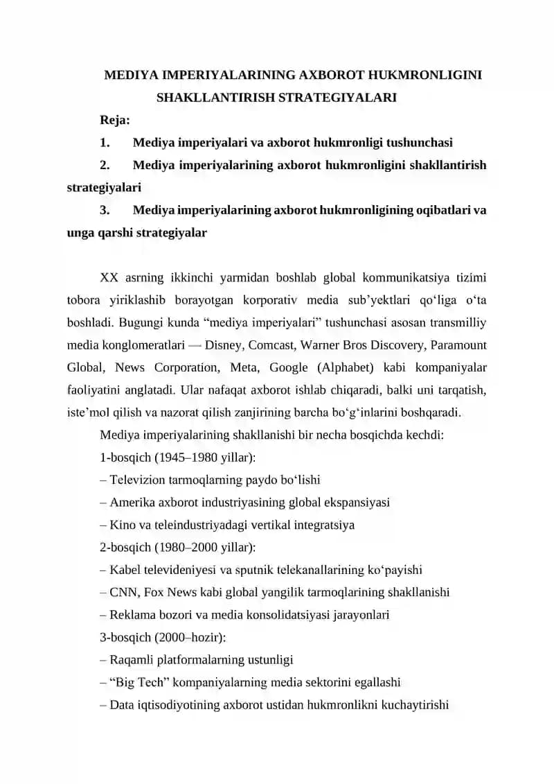 MEDIYA IMPERIYALARINING AXBOROT HUKMRONLIGINI SHAKLLANTIRISH STRATEGIYALARI