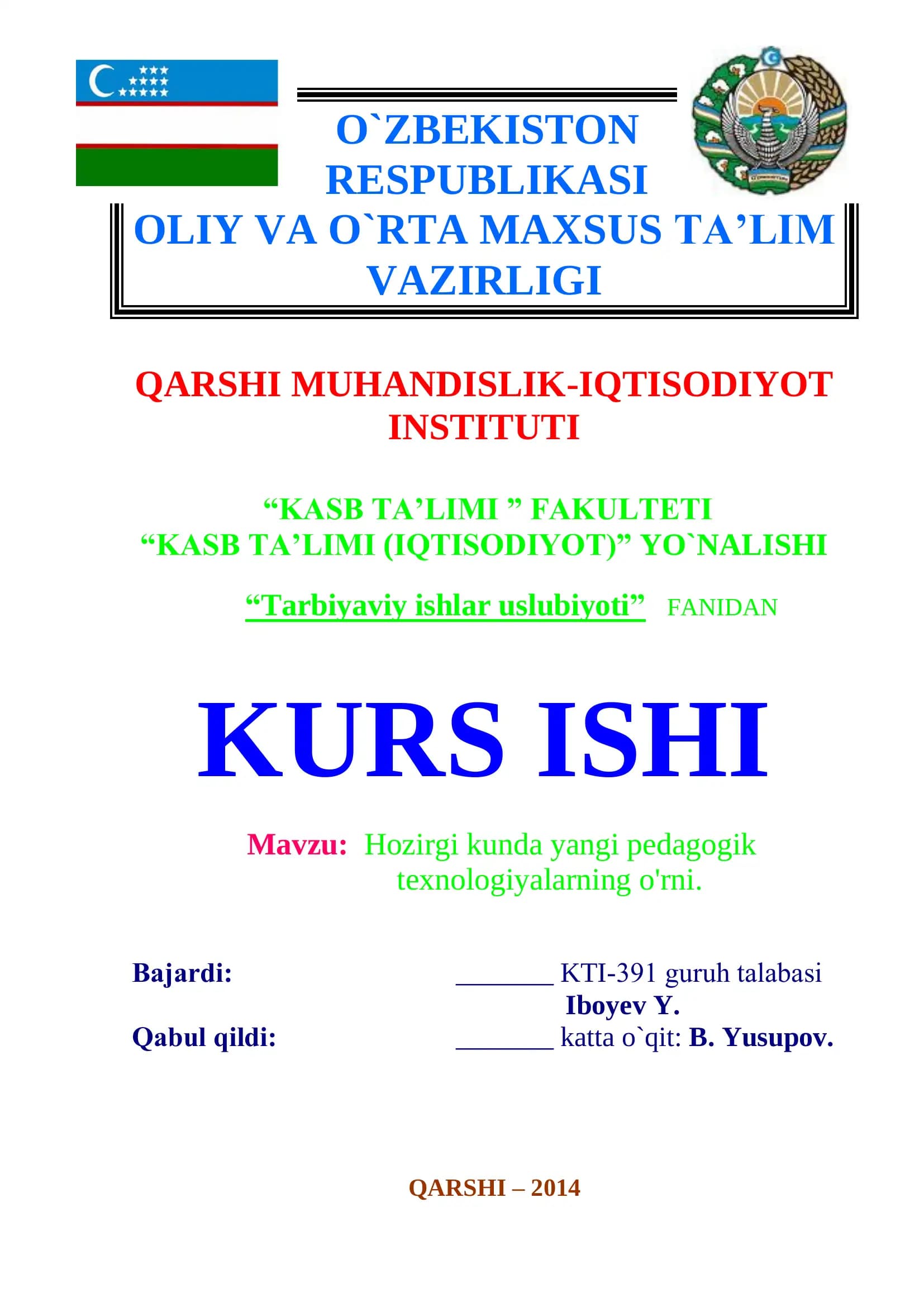Tarbiyaviy ishlar uslubiyoti kurs ishi