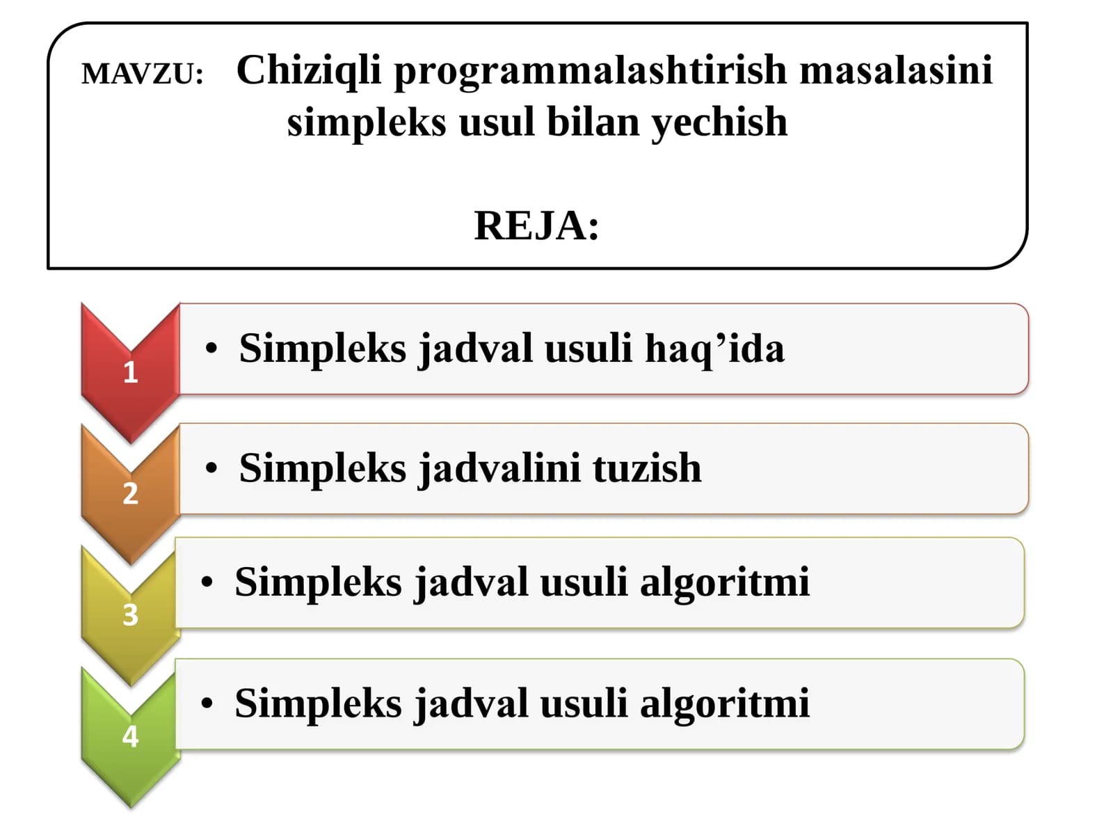 Chiziqli dasturlash masalasini Simpleks usuli va uni amalda qo'llanilishi