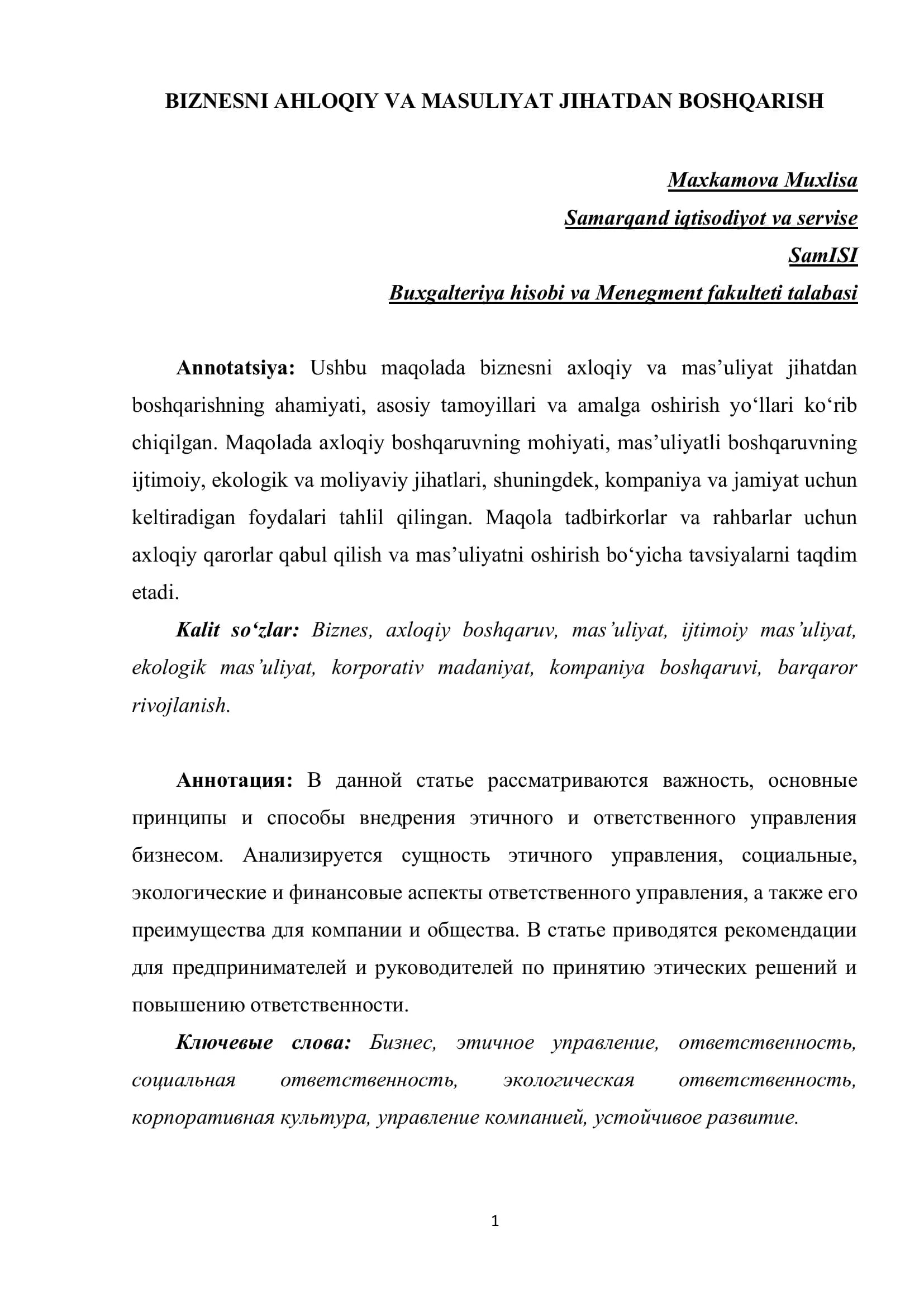 BIZNESNI AHLOQIY VA MASULIYAT JIHATDAN BOSHQARISH