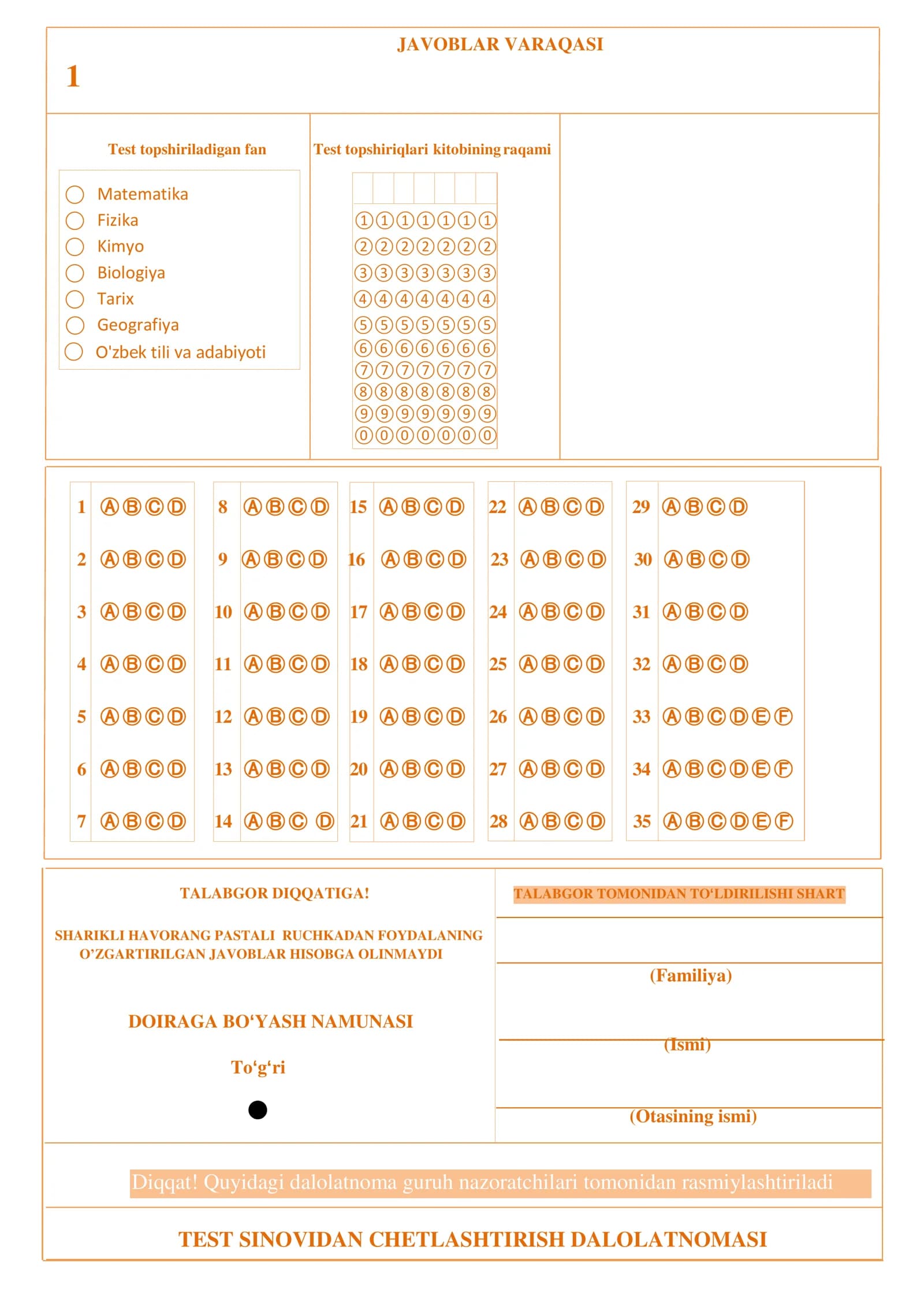 🧪 Milliy Sertifikat Javoblar Varaqasi (Answer Sheet)