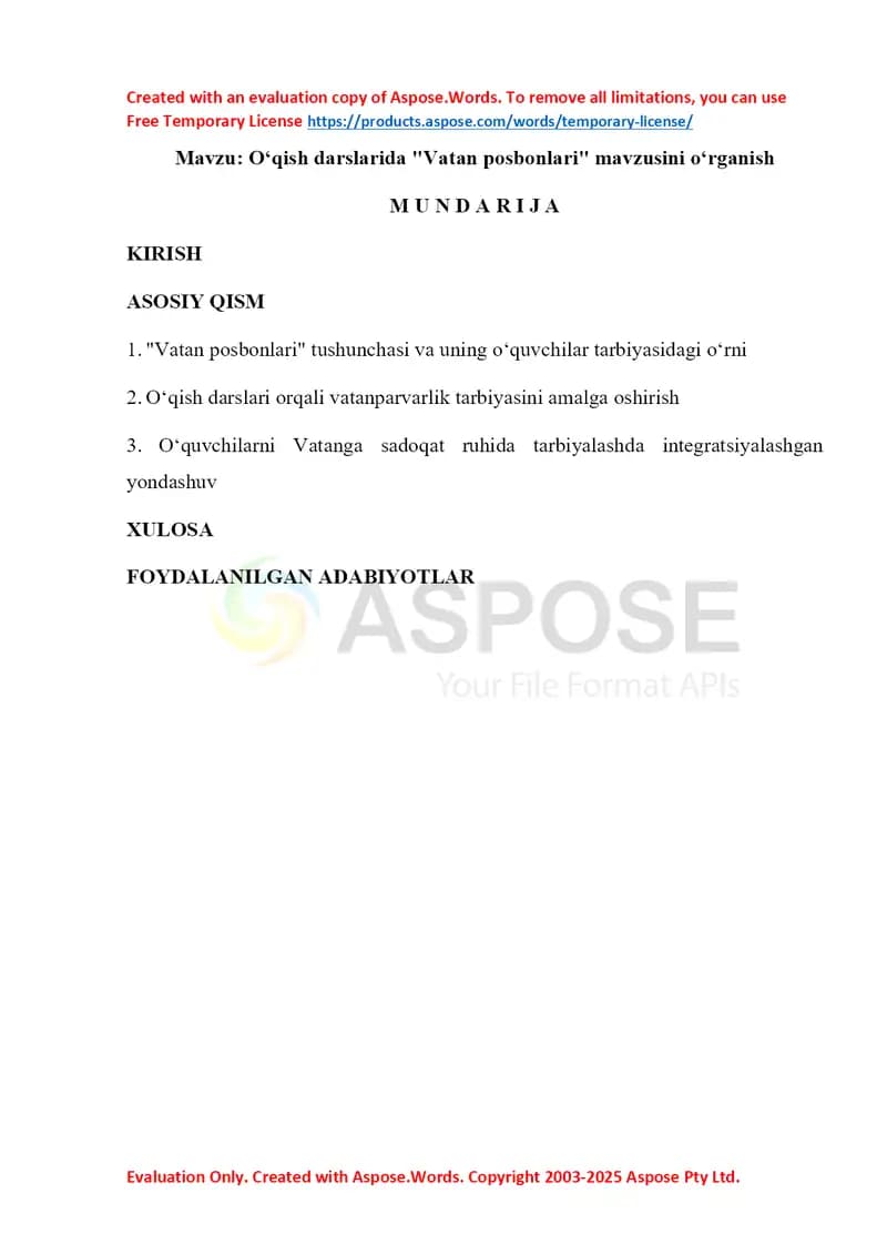 Vatan posbonlari mavzusini oʻrganish
