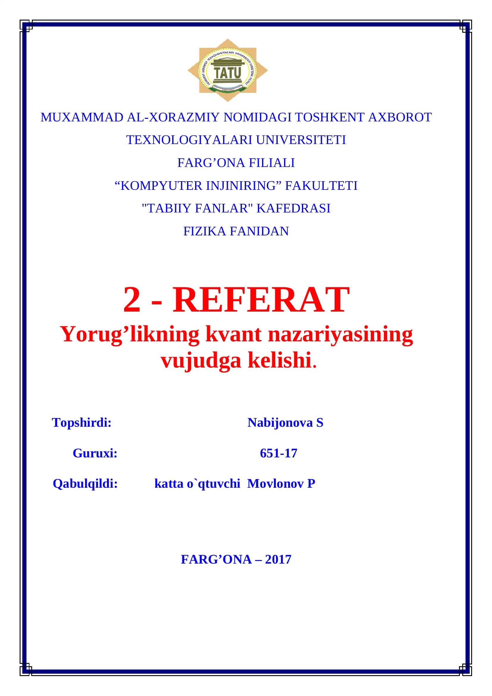 Yorug’likning kvant nazariyasining vujudga kelishi