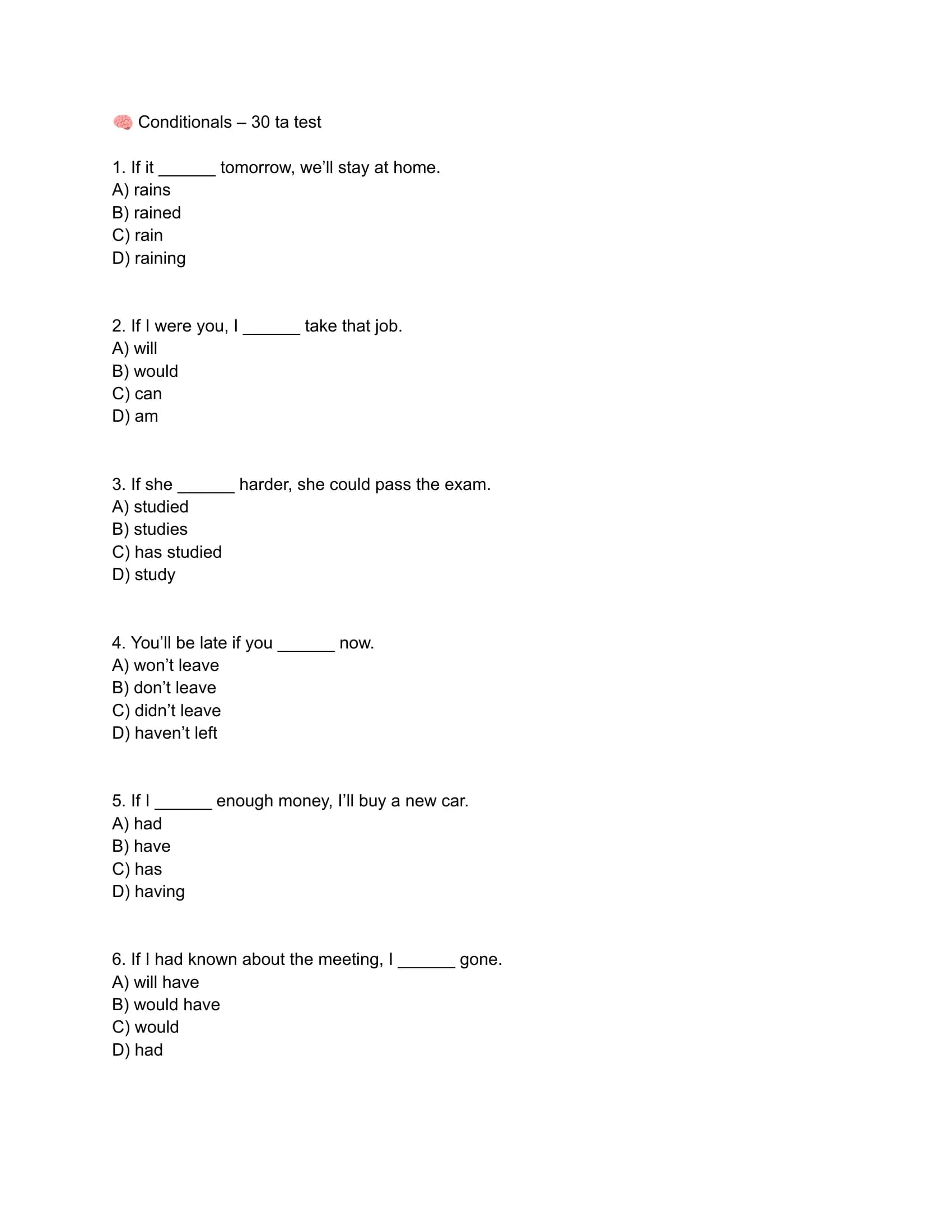 conditionals mavzusidan 30talik test
