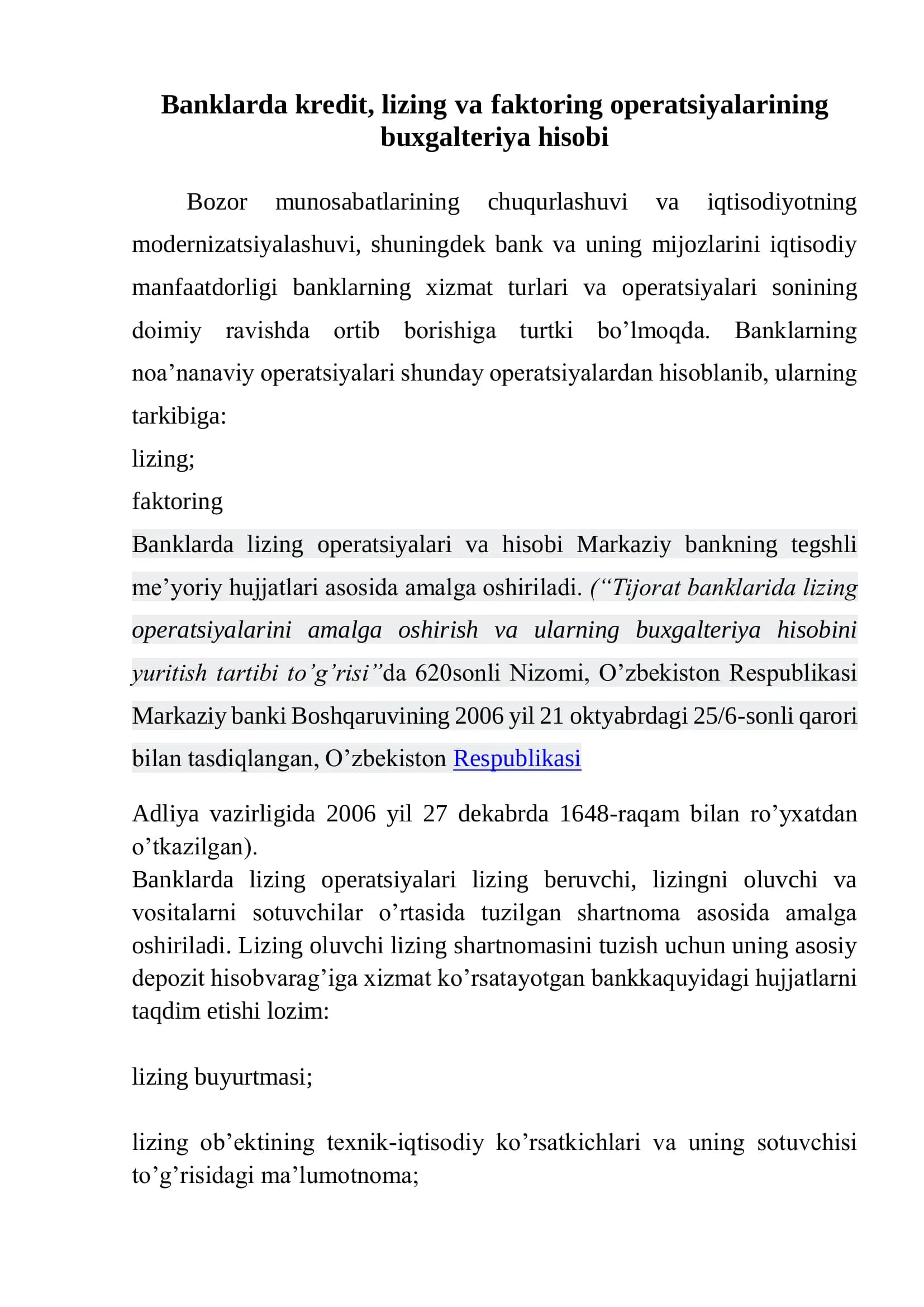 Banklarda kredit, lizing va faktoring operatsiyalarining buxgalteriya hisobi
