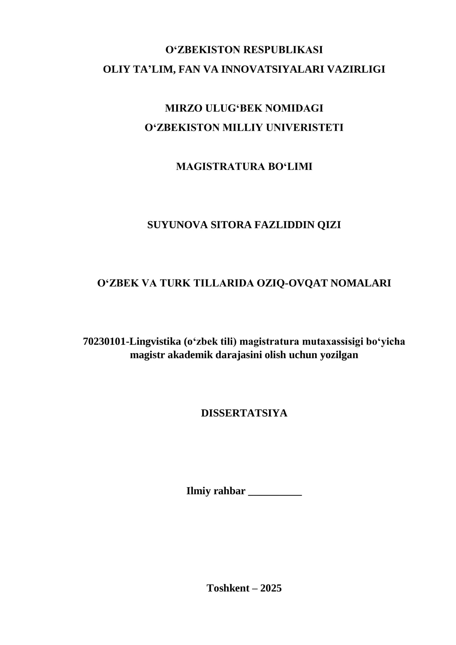 O‘ZBEK VA TURK TILLARIDA OZIQ-OVQAT NOMALARI