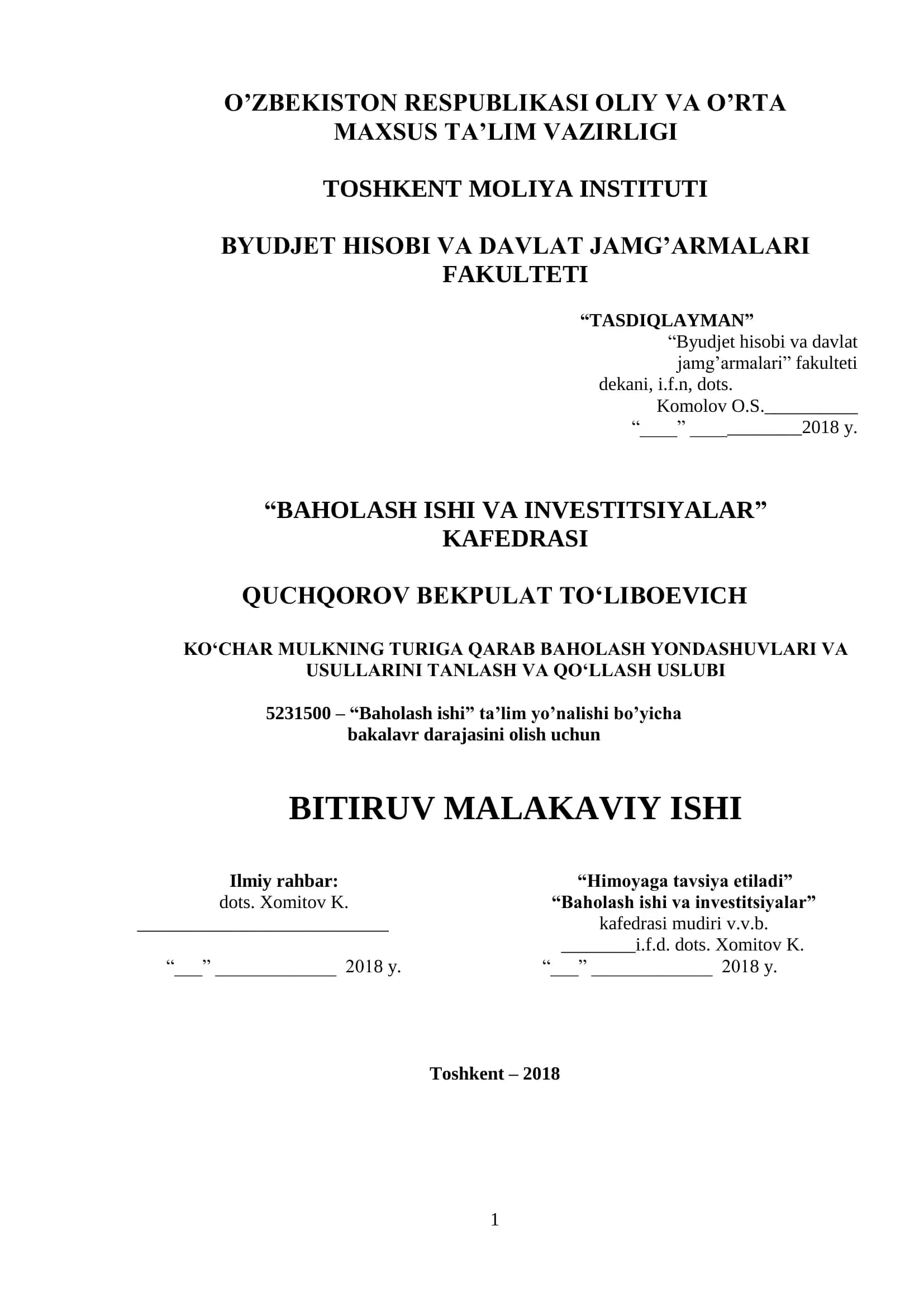 "BAHOLASH ISHI VA INVESTITSIYALAR"