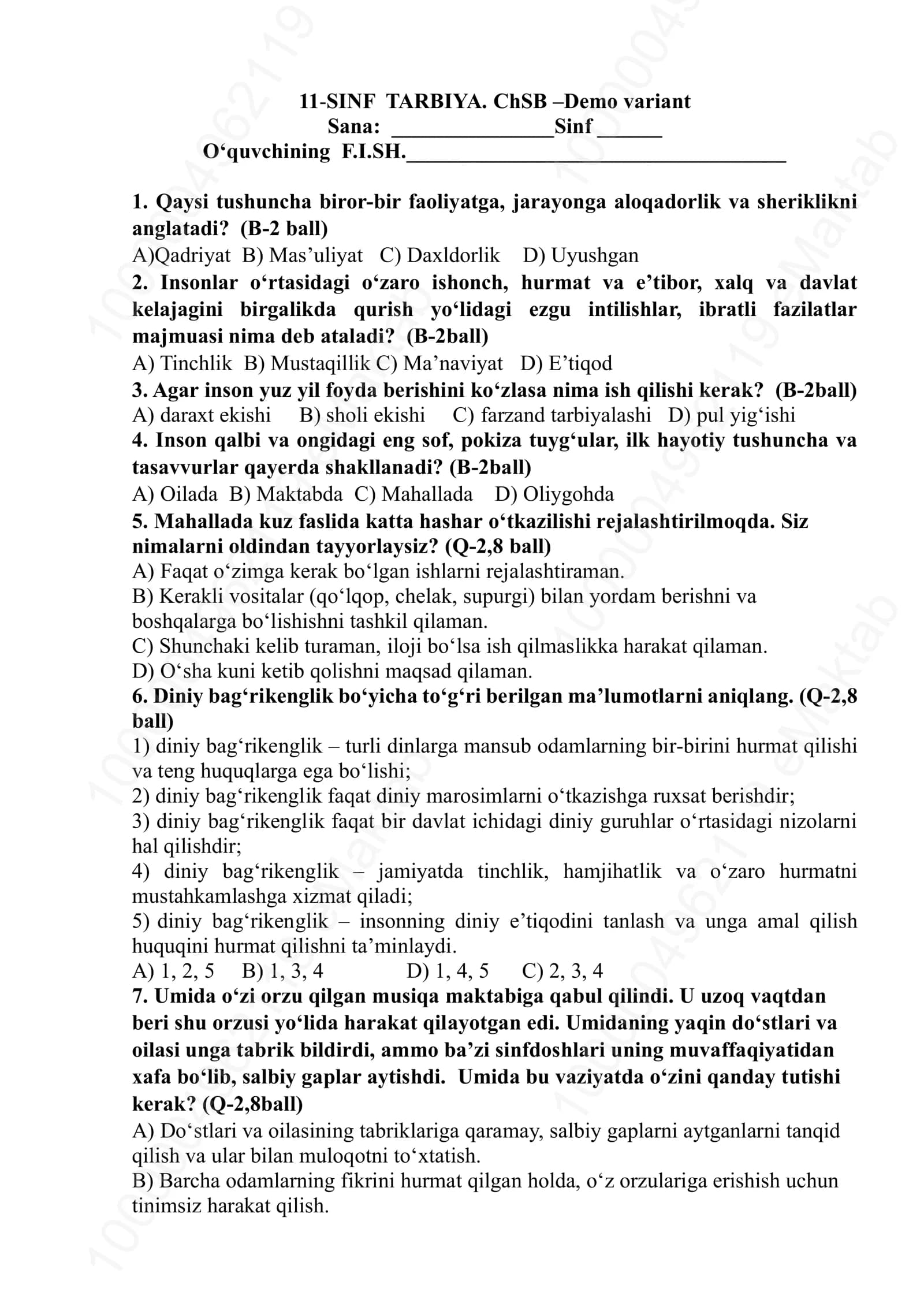 11-SINF TARBIYA. ChSB –Demo variant