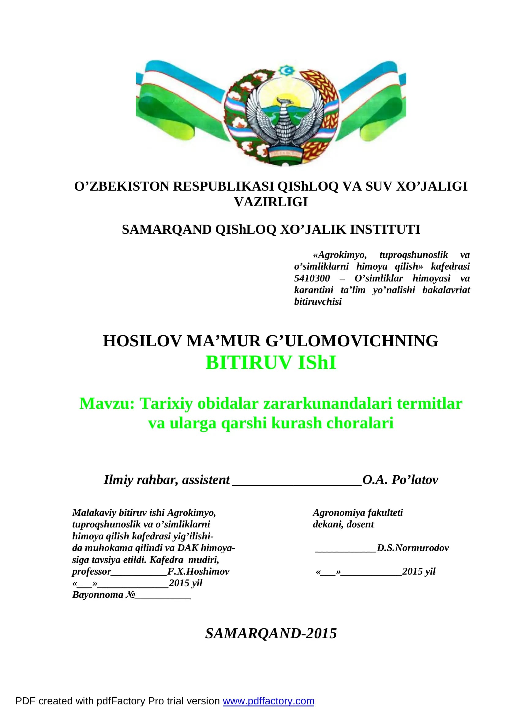 Tarixiy obidalar zararkunandalari termitlar va ularga qarshi kurash choralari