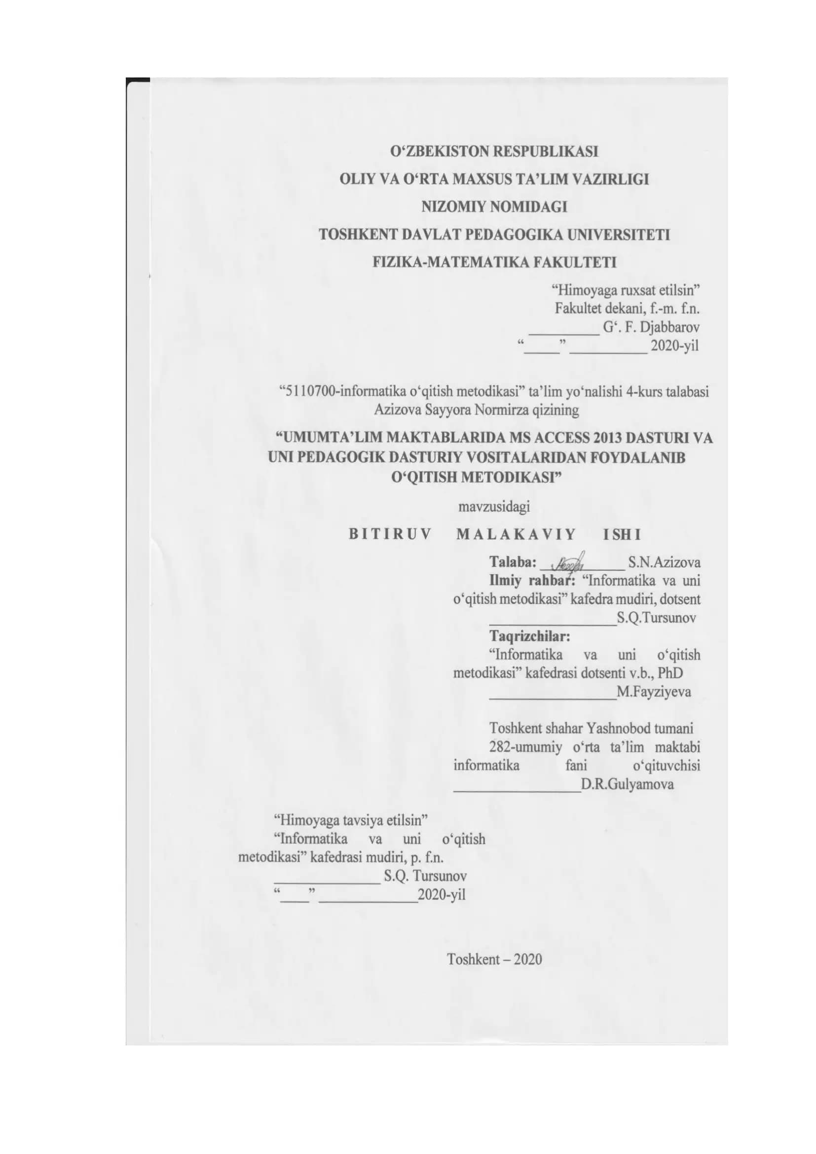 MS ACCESS 2013 DASTURI VA UNI PEDAGOGIK DASTURIY VOSITALARIDAN FOYDALANIB O‘QITISH METODIKASI