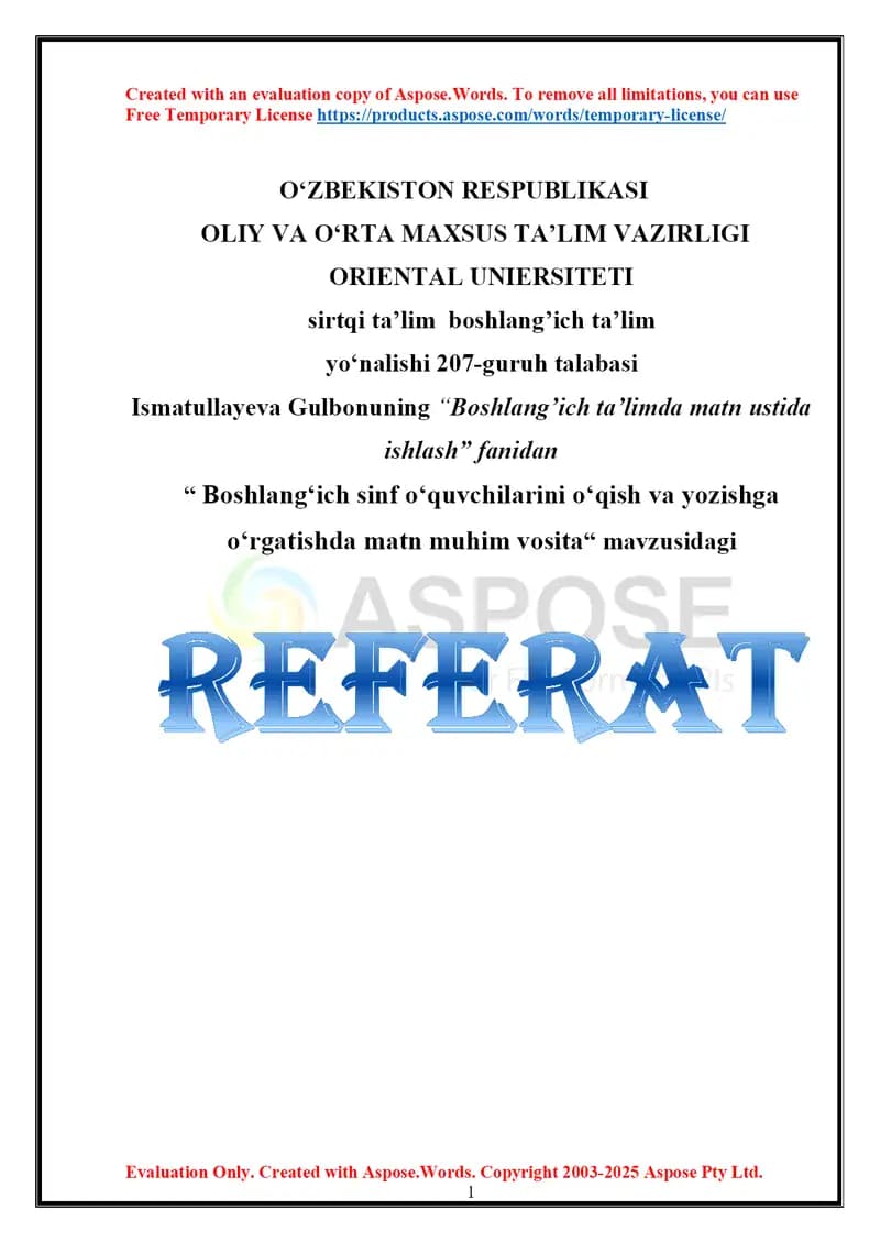 Boshlangʻich sinf oʻquvchilarini oʻqish va yozishga oʻrgatishda matn muhim vosita