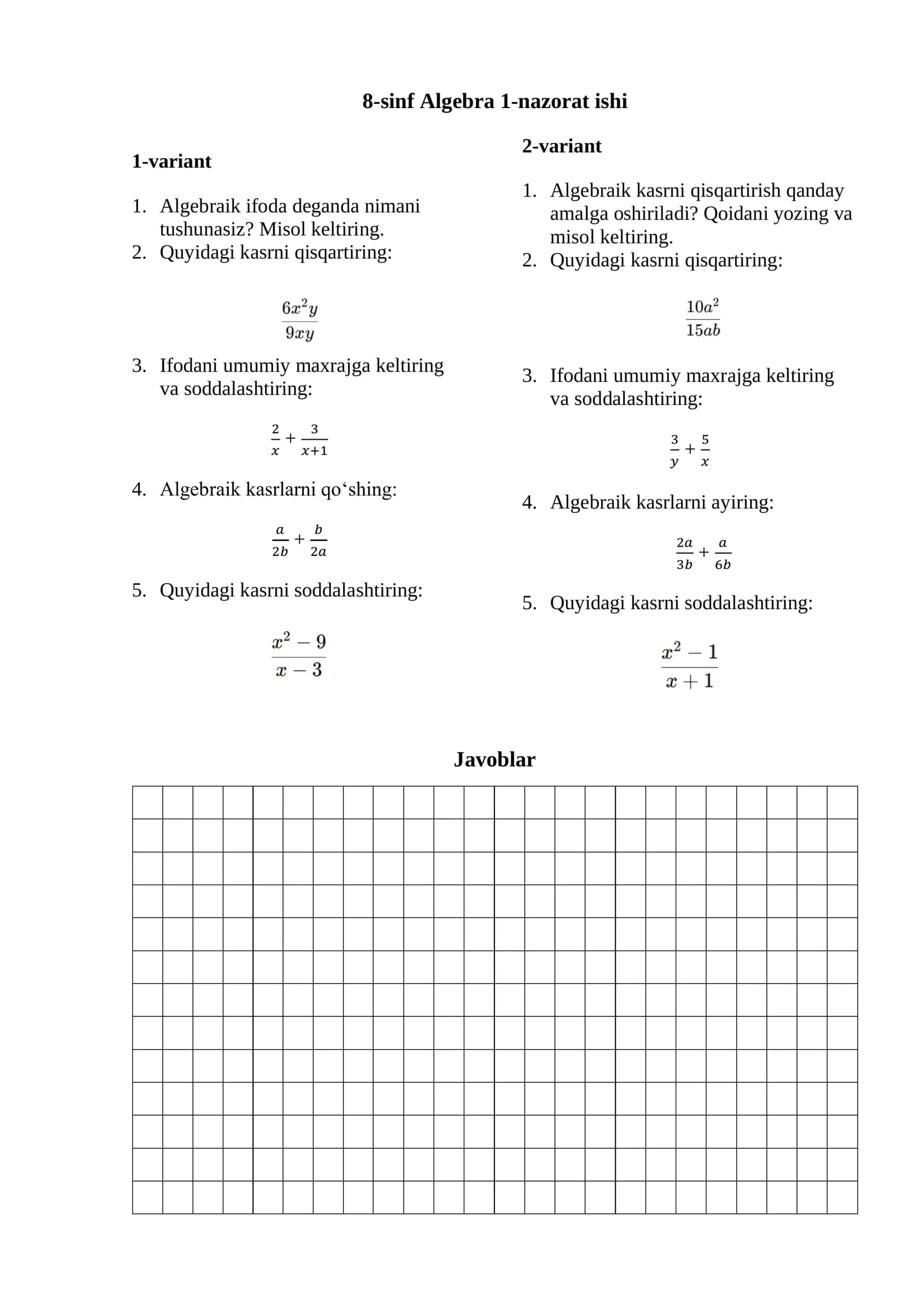 8-sinf Algebra nazorat ishi kitobchasi YANGI DARSLIK
