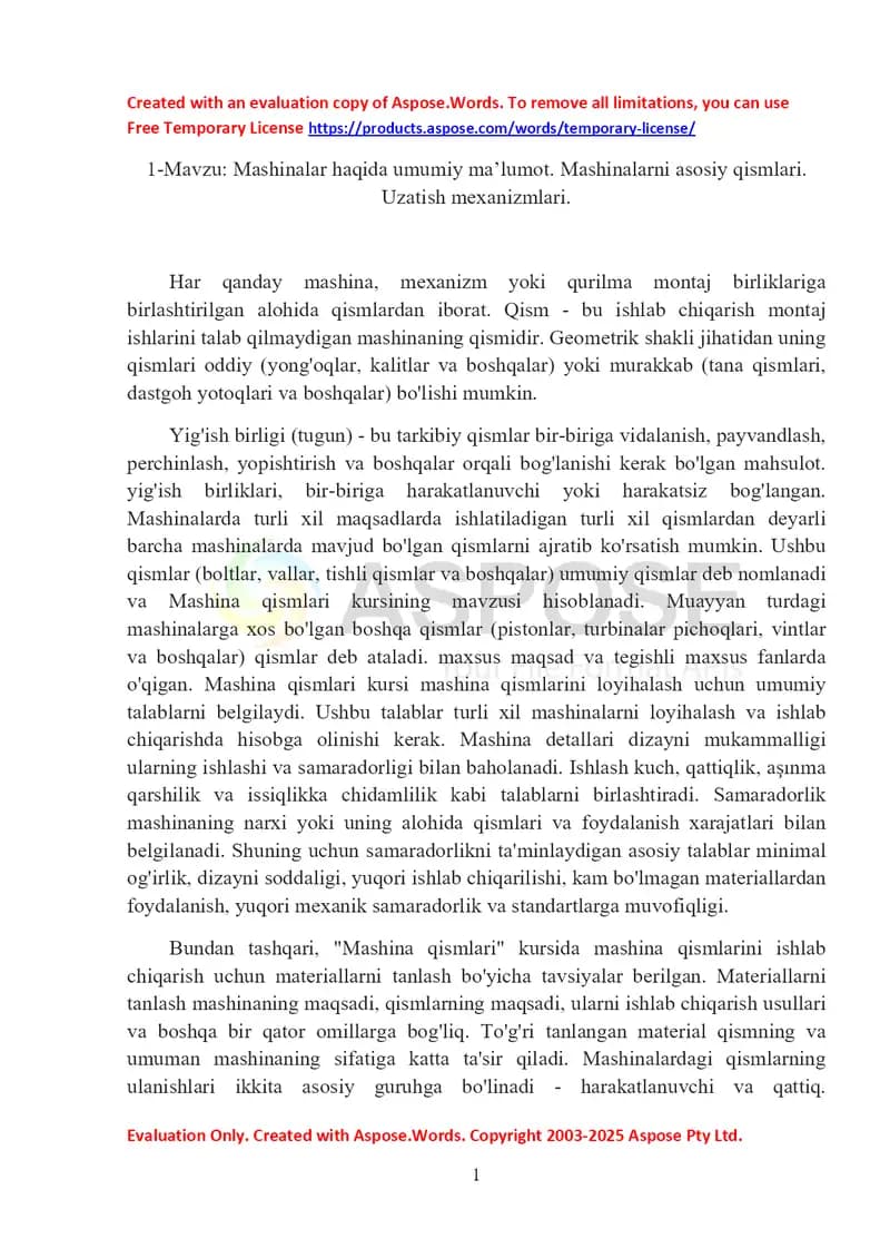 Mashina qismlari: umumiy ma’lumot va uzatish mexanizmlari
