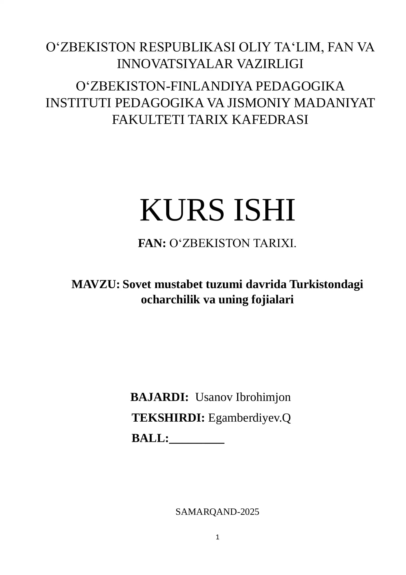 Sovet mustabet tuzumi davrida Turkistondagi ocharchilik va uning fojialari