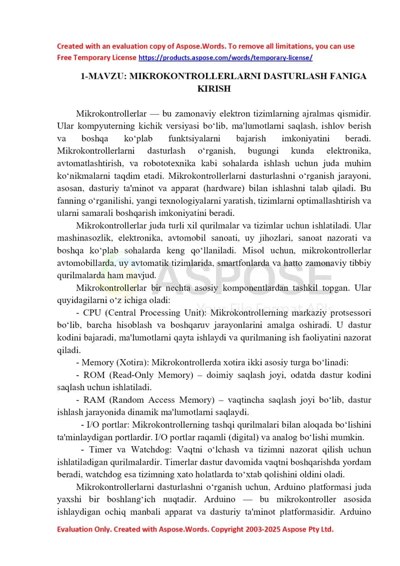 Mikrokontrollerlarni dasturlash faniga kirish