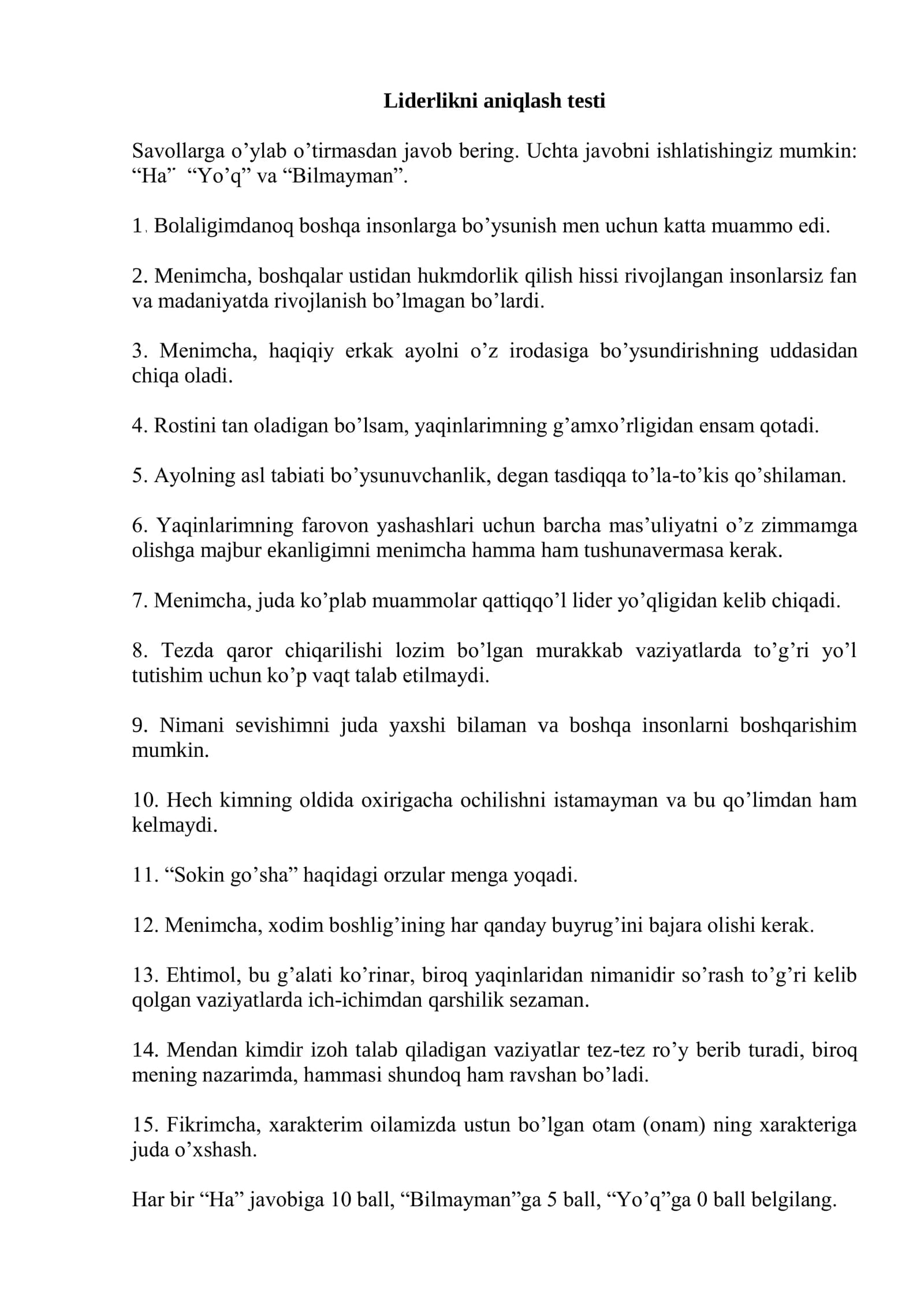 Liderlikni aniqlash testi (javoblari bilan)