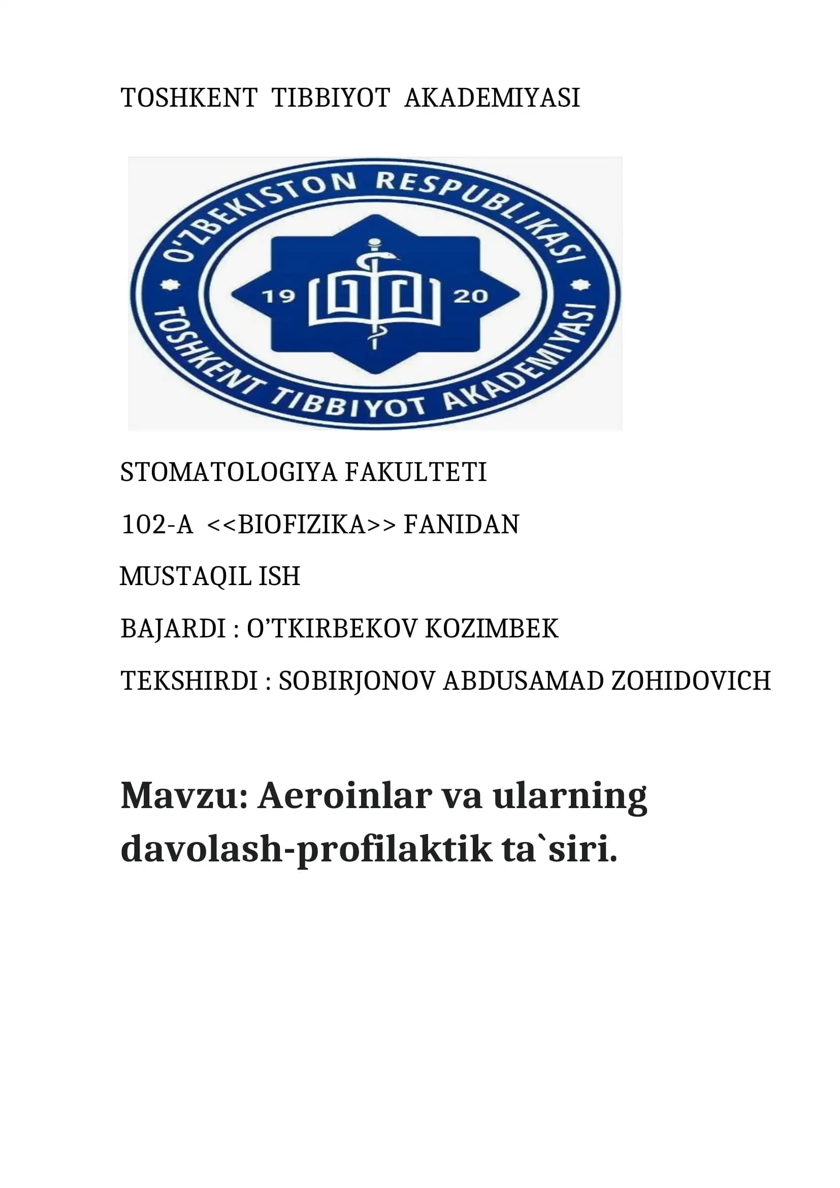 Aeroinlar va ularning davolash-profilaktik ta'siri