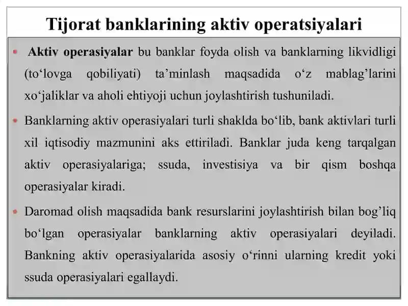 Tijorat banklarining aktiv operatsiyalari