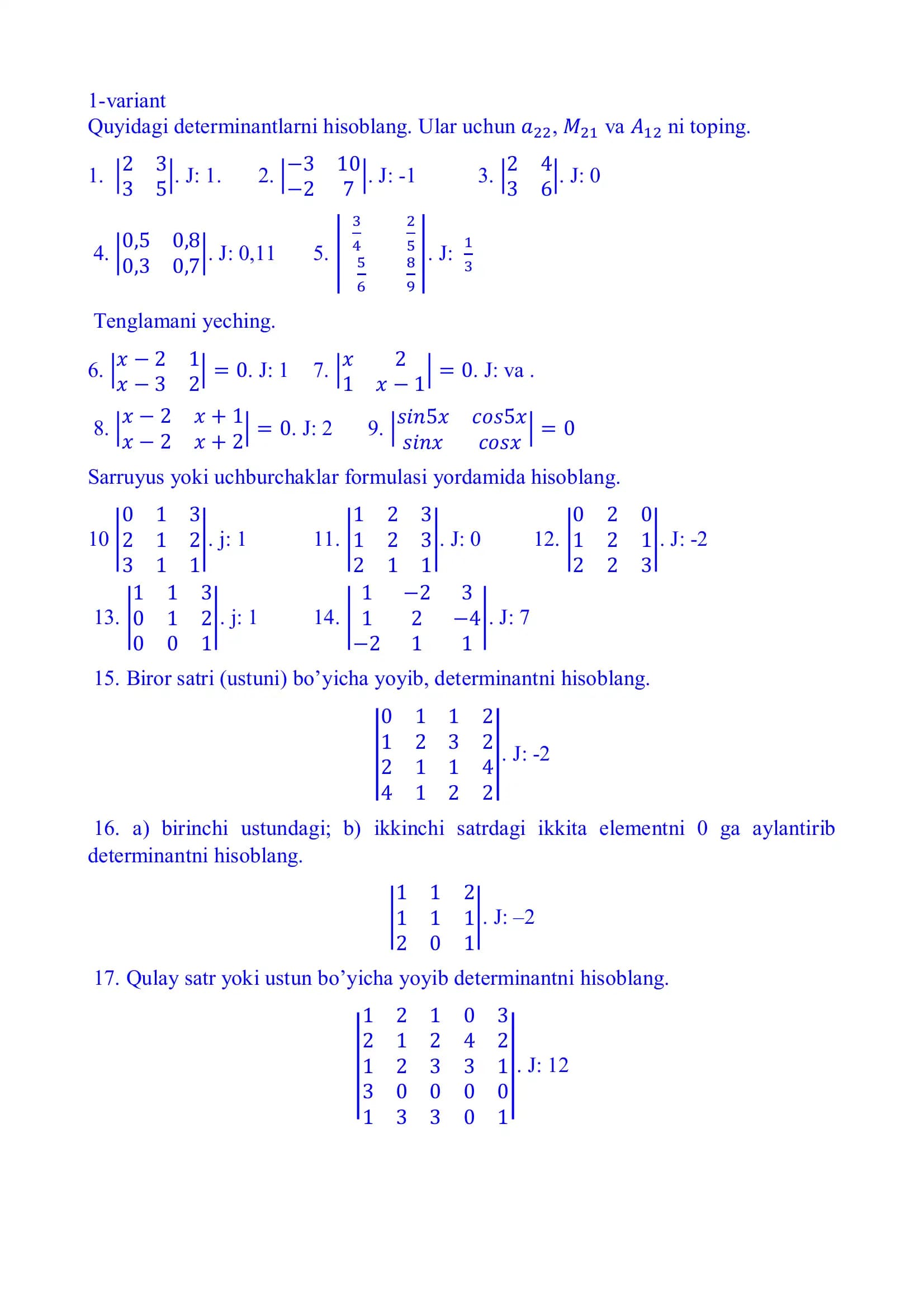 Determinantlarni hisoblashda doir 1000 ta variant