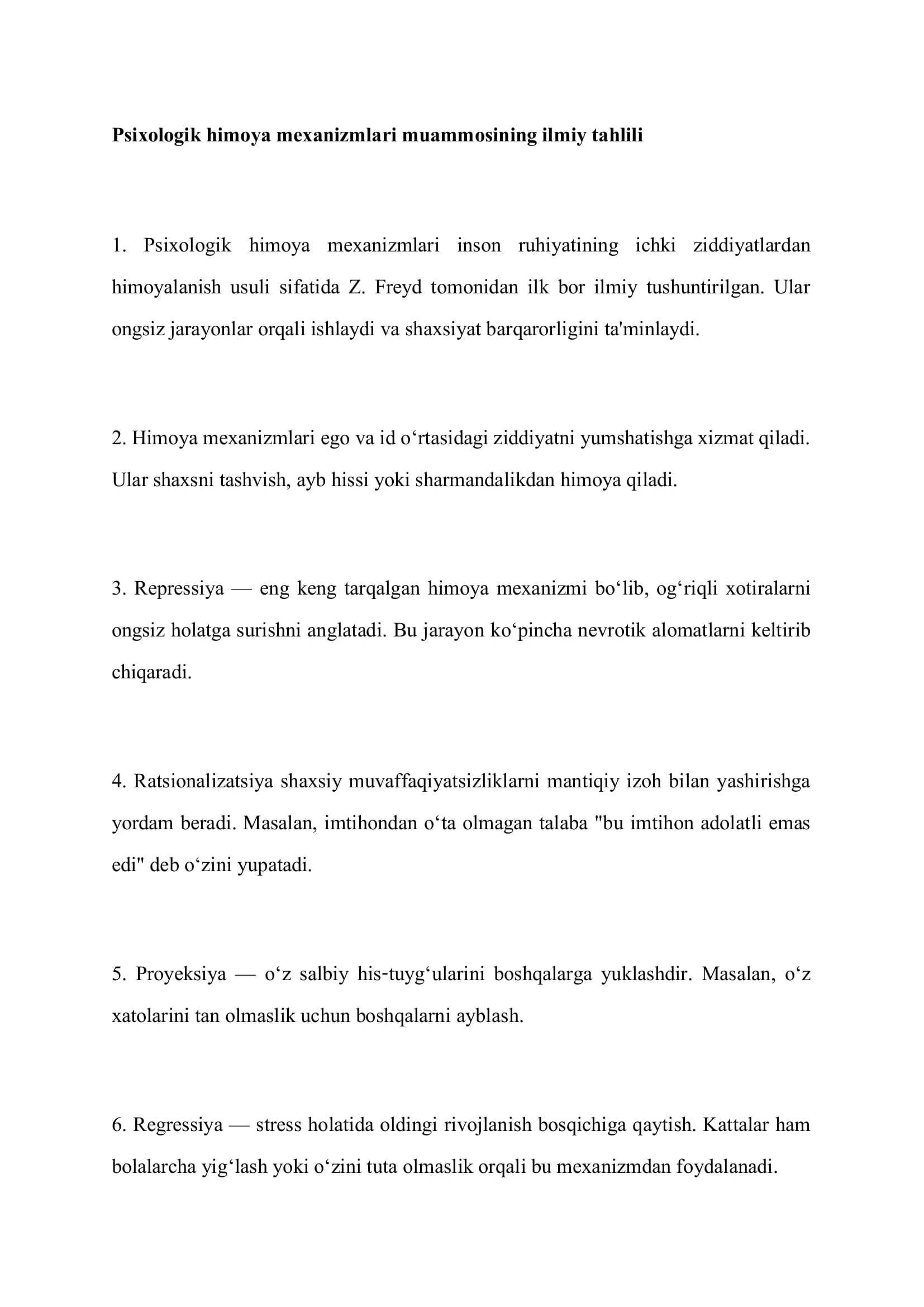 Psixologik himoya mexanizmlari muammosining ilmiy tahlili