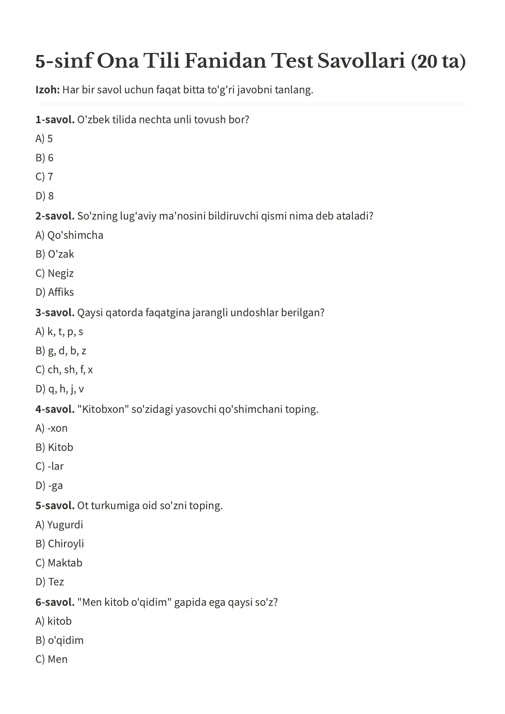Ona tili test 5-sinf uchun