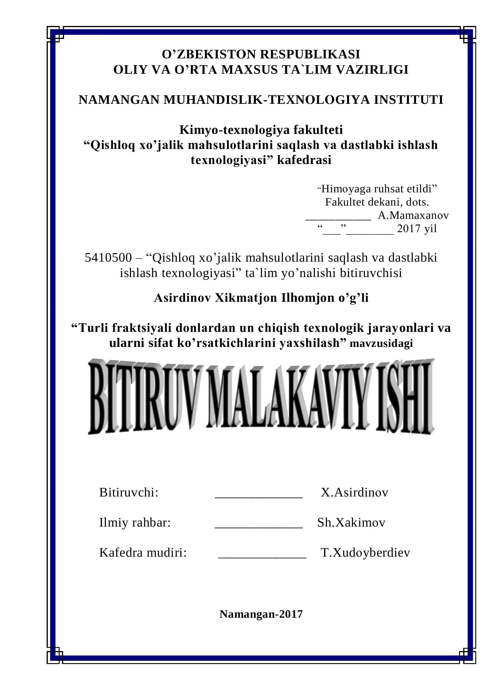 Qishloq xo'jalik mahsulotlarini saqlash va dastlabki ishlash texnologiyasi