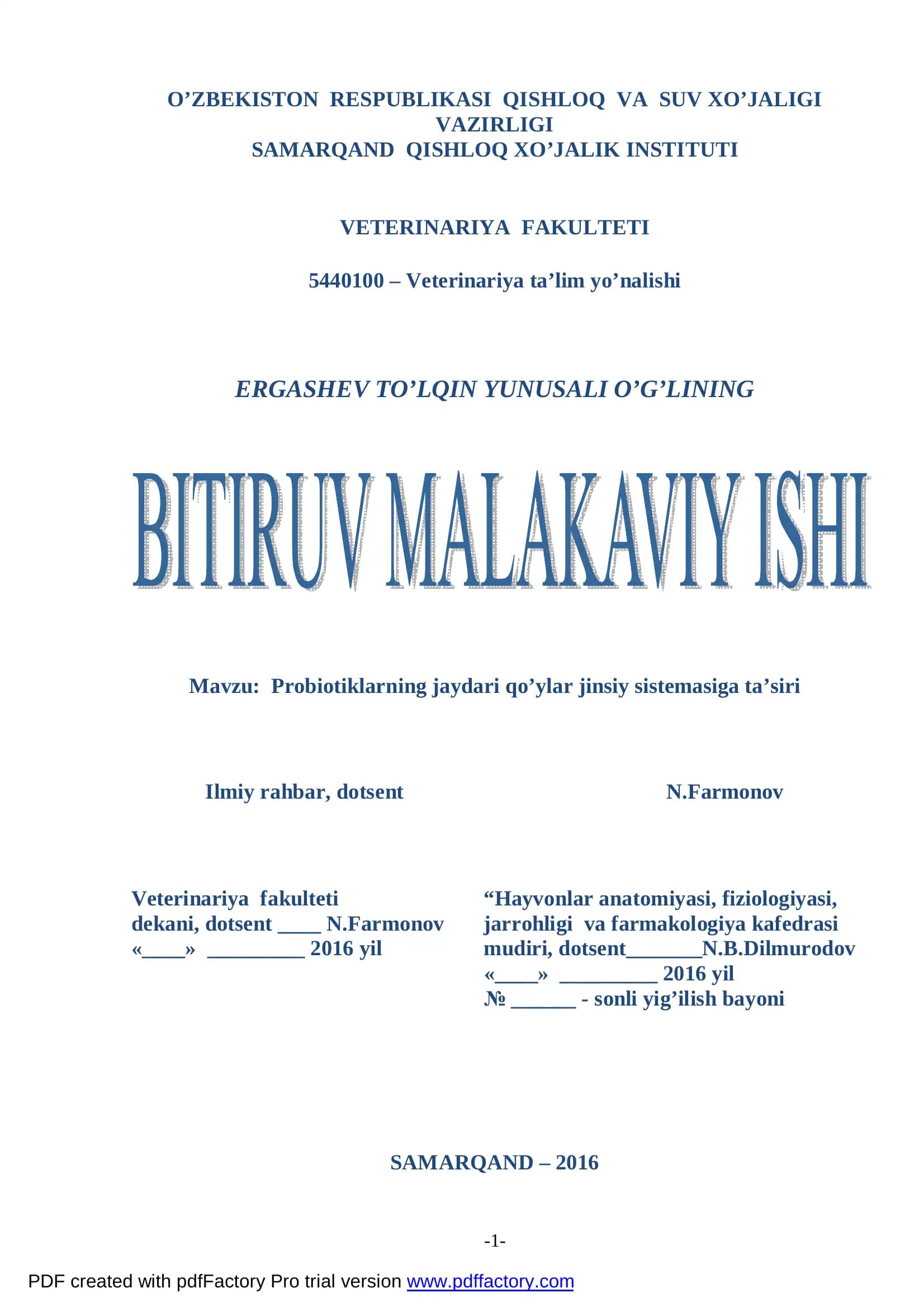 Probiotiklarning jaydari qo’ylar jinsiy sistemasiga ta’siri