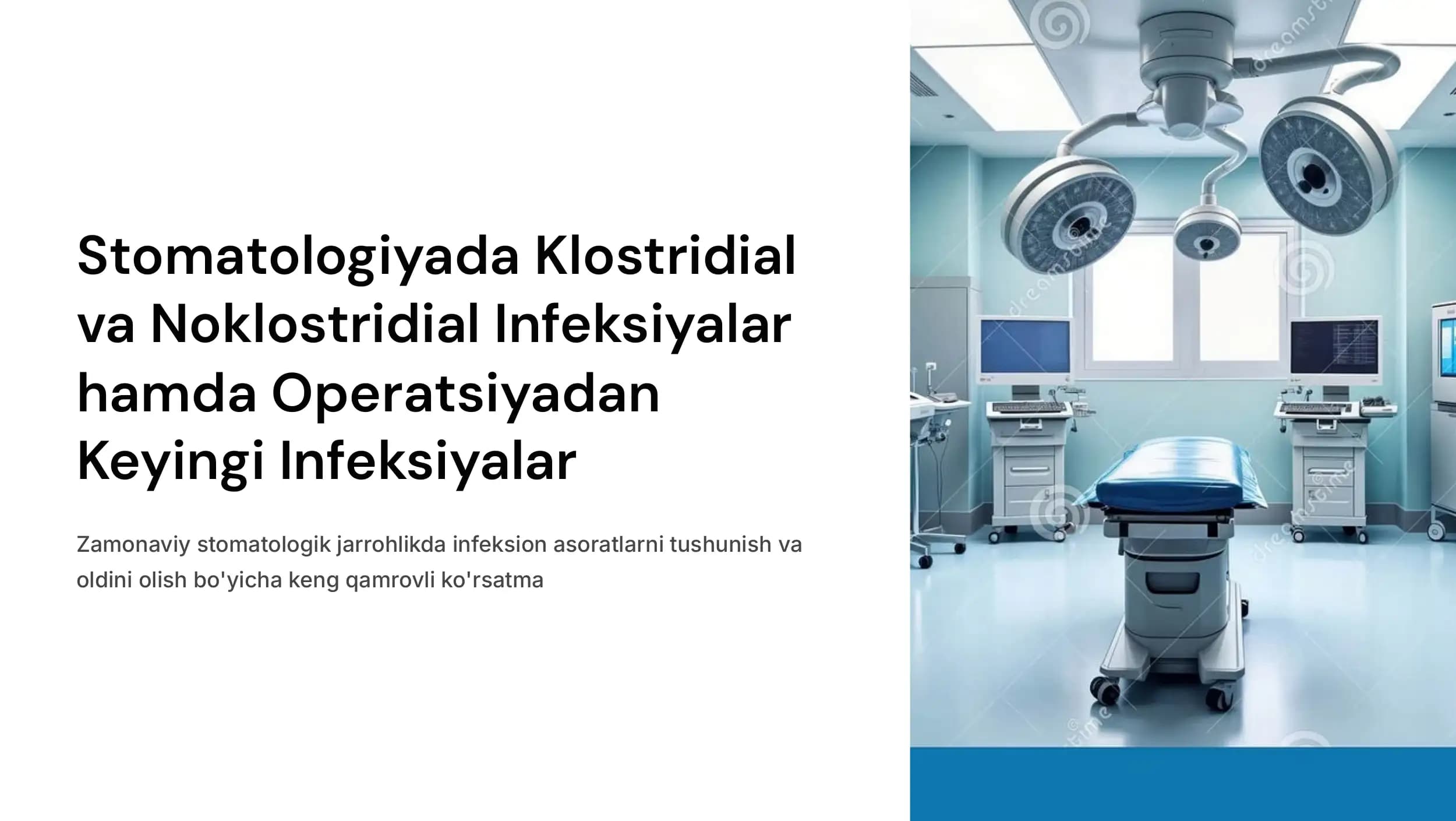 Stomatologiyada  klostridial va  noklostridial  infeksiyalar.  Operasiyadan keyingi infeksiyalar.  Jarohatlarning  zararlanishiga olib  keluvchi omillar.  Jarrohlik infeksiyalarining  asosiy  qoʻzgʻatuvchilari.  Odontogen osteomielit