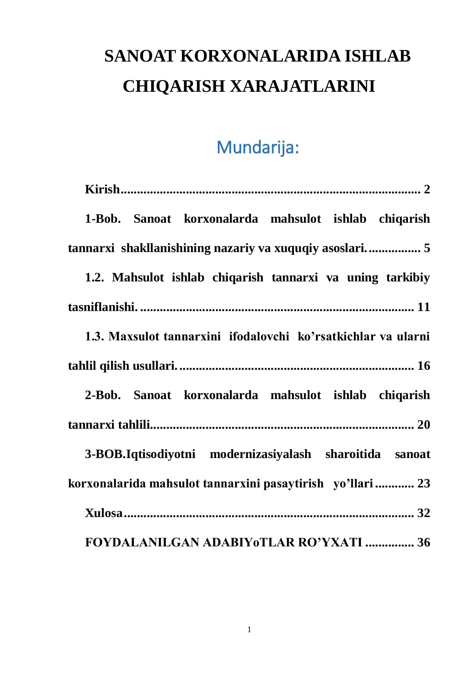 Sanoat korxonalarda mahsulot ishlab chiqarish XARAJATLARINI