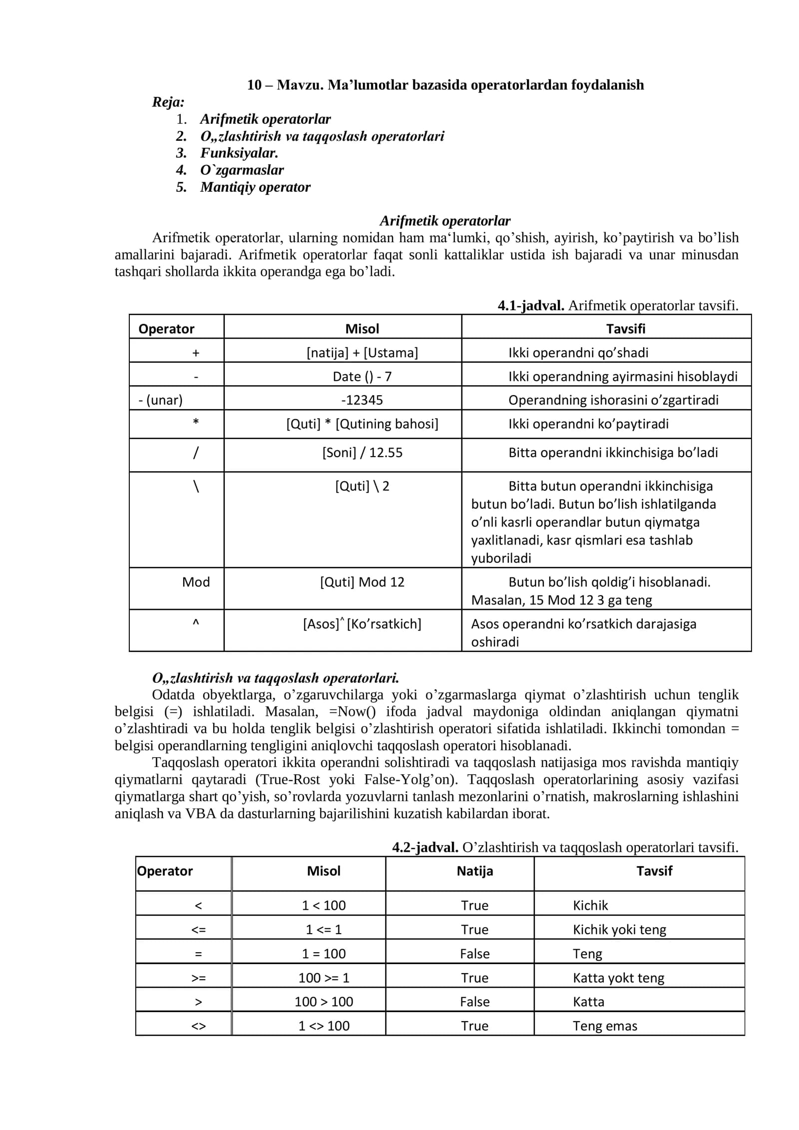 Ma’lumotlar bazasida operatorlardan foydalanish