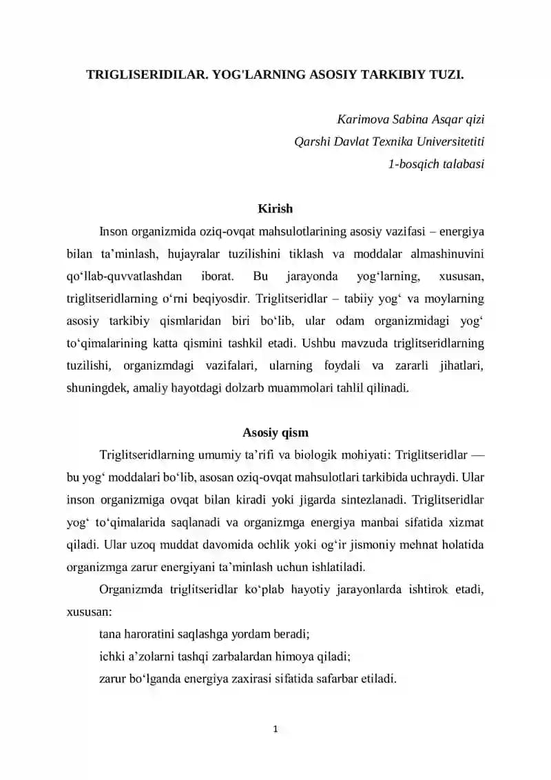 TRIGLISERIDILAR. YOG'LARNING ASOSIY TARKIBIY TUZI