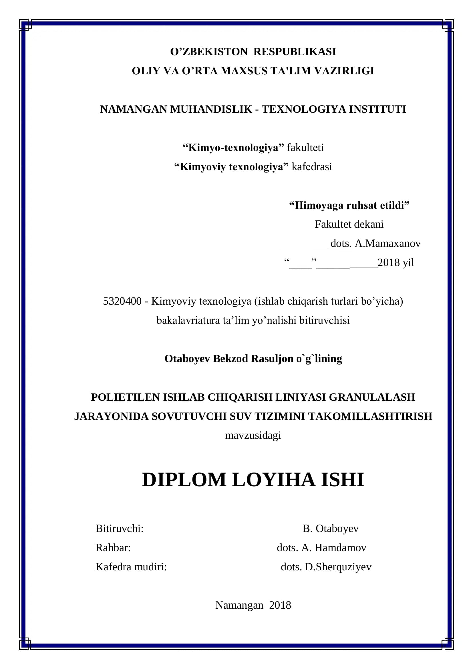 POLIETILEN ISHLAB CHIQARISH LINIYASI GRANULALASH JARAYONIDA SOVUTUVCHI SUV TIZIMINI TAKOMILLASHTIRISH mavzusidagi